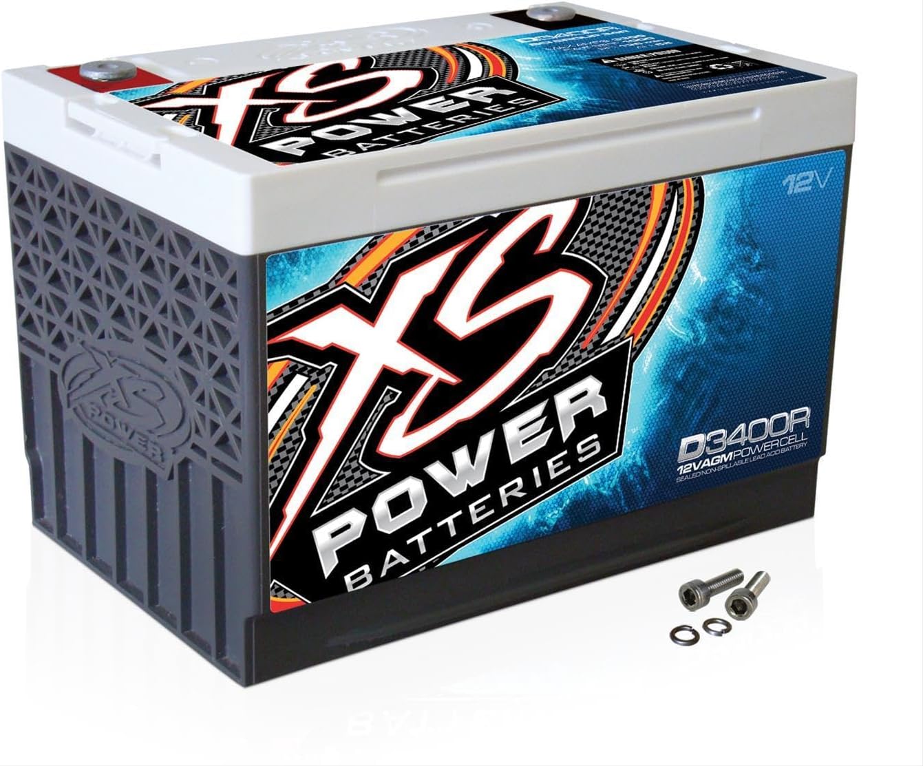 XS Power D3400R 3300 Amp AGM Battery with M6 Terminal Hardware - Group 34R 12 Volt 80Ah 1150CA Deep Cycle AGM Powercell for Car Audio Systems and Performance Cars (Reverse Polarity)