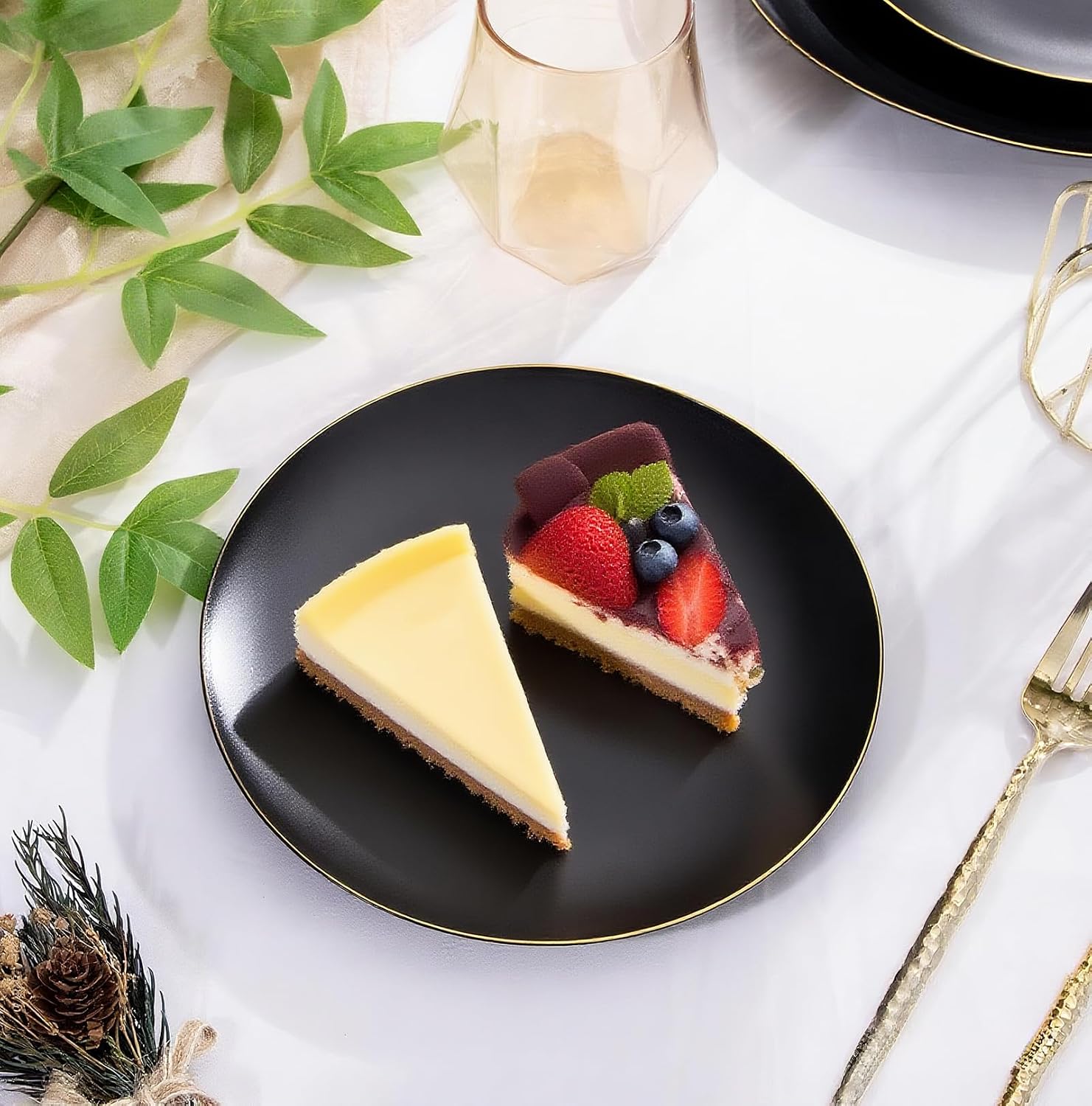  80pcs Heavy Duty Black Dessert Plates for Weddings, Gold Rim thumbnail