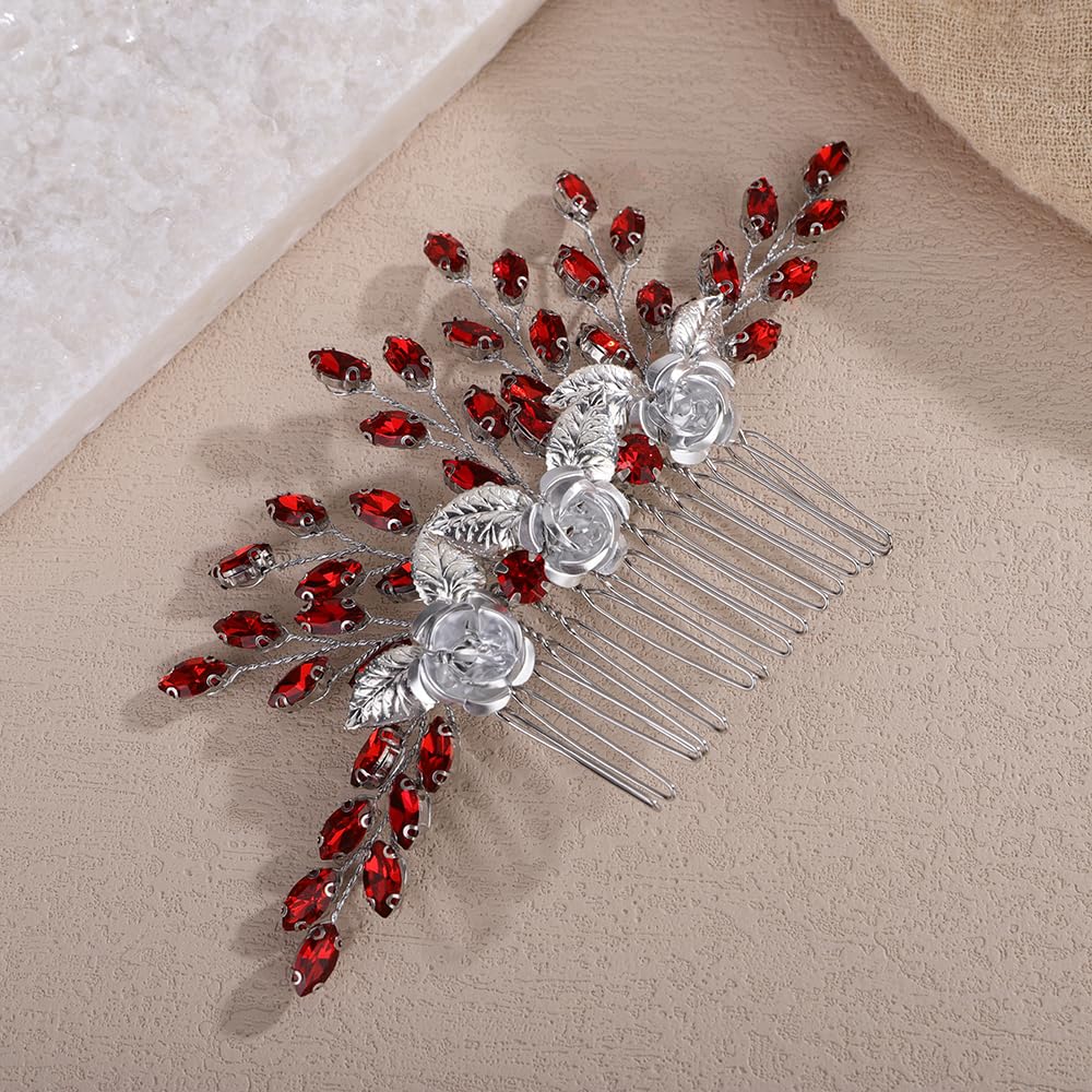 Teyglen Red Rhinestone Headpiece Vintage Flower Wedding Hair Comb Crystal Bridal Side Comb Flower Leaf Hair Piece Hair Accessories Jewelry for Women (Red) - Image 3