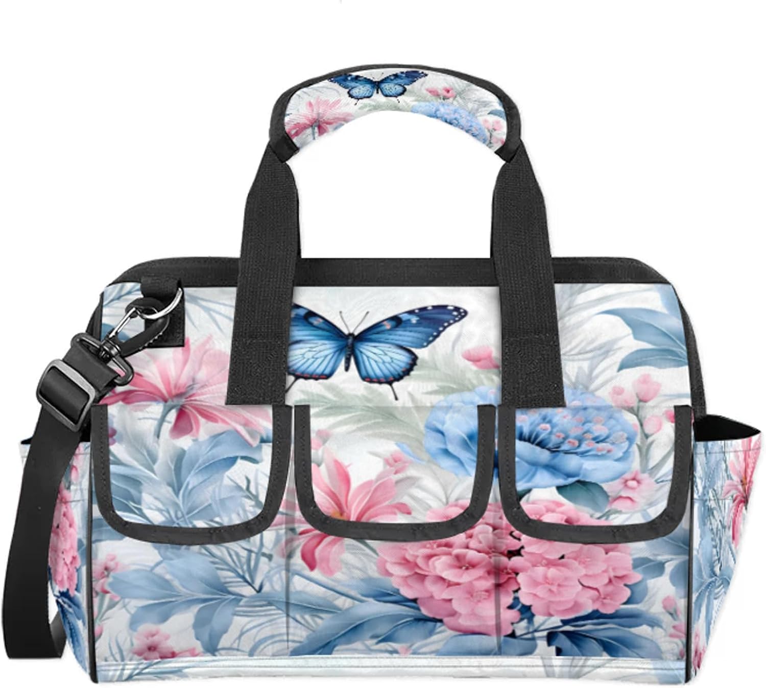 Flower Butterfly Colorful Floral Tool Bags for Men and Women 14.8 Inch, Heavy Duty Waterproof Tool Box Organizer Bag, Wide Mouth Tool Tote Storage Bag with Adjustable Shoulder Strap