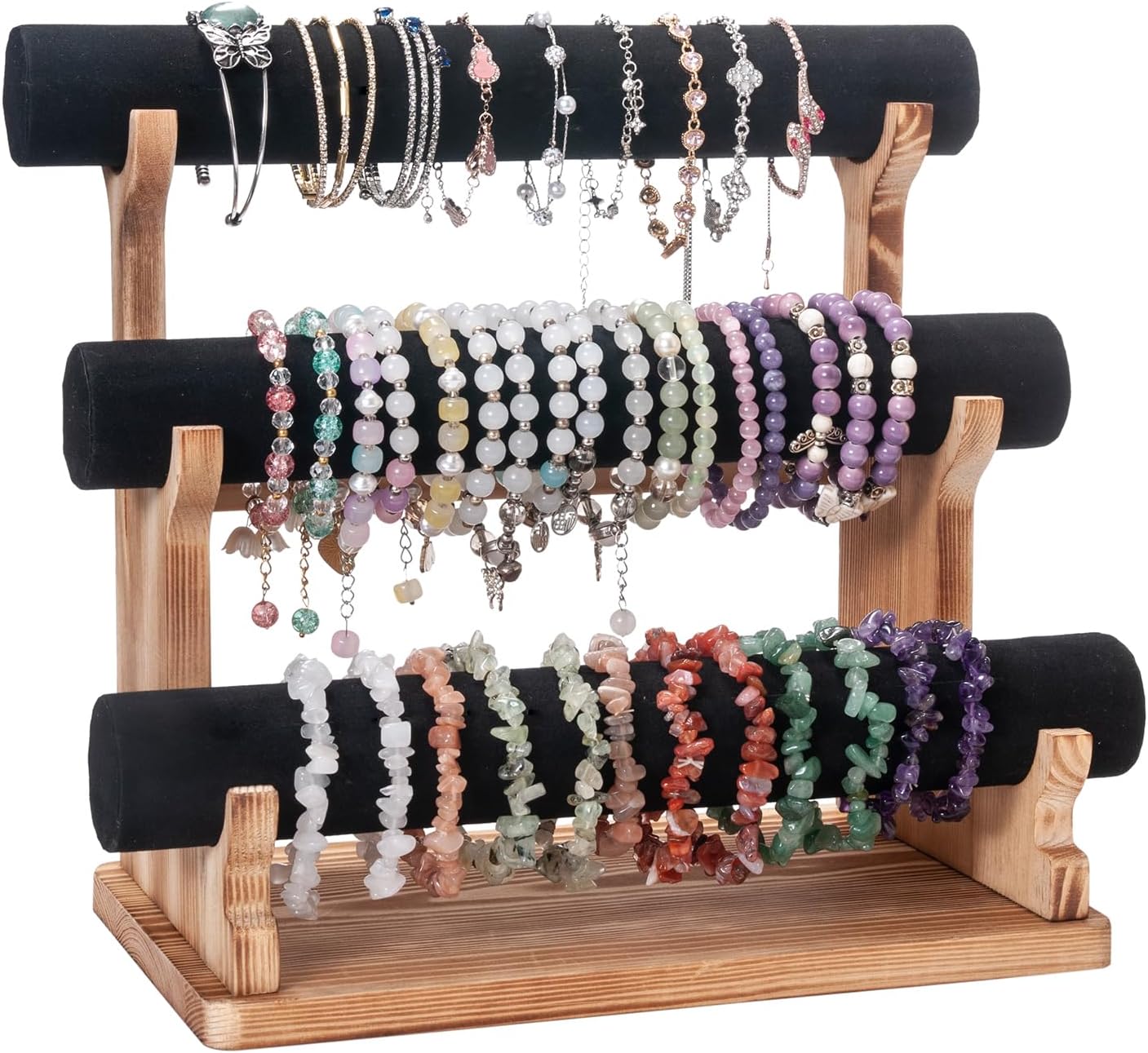 Velvet Bracelet Holder, 3 Tier Bracelet Organizer Display Holder for Women, Wooden Watch Holder Stand for Vendor Home, Bangles Display Stand for Scrunchies Bangles Storage Showcase, Black - Image 4