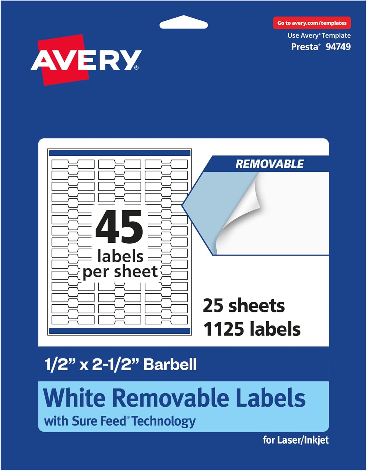 Avery Matte White Removable Barbell Labels, Sure Feed Technology, 0.5" x 2.5", 2,250 Removable Labels, Laser/Inkjet Printable