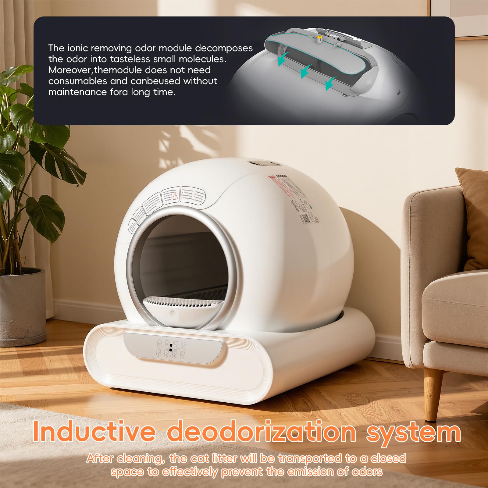 Lettiera per gatti autopulente da 65 l, con controllo app, lettiera chiusa automatica, capacità extra large, 9 kg, sicurezza anti-pizzicamento, controllo avanzato degli odori (bianco)