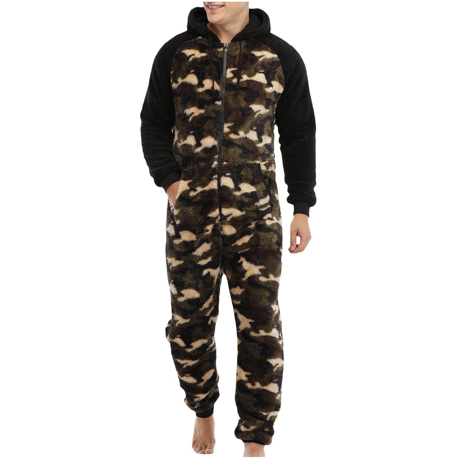 Mens Zip Up Onesie Pajamas for Men Flannel Hooded Jumpsuit Christmas  Printed Novelty Playsuit One-Piece Pajamas