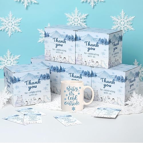 Miniatura 5 de Juego de 6 tarjetas y cajas de taza de café azul con diseño de copo de nieve de invierno, regalos de premio con diseño de copo de nieve de invierno,