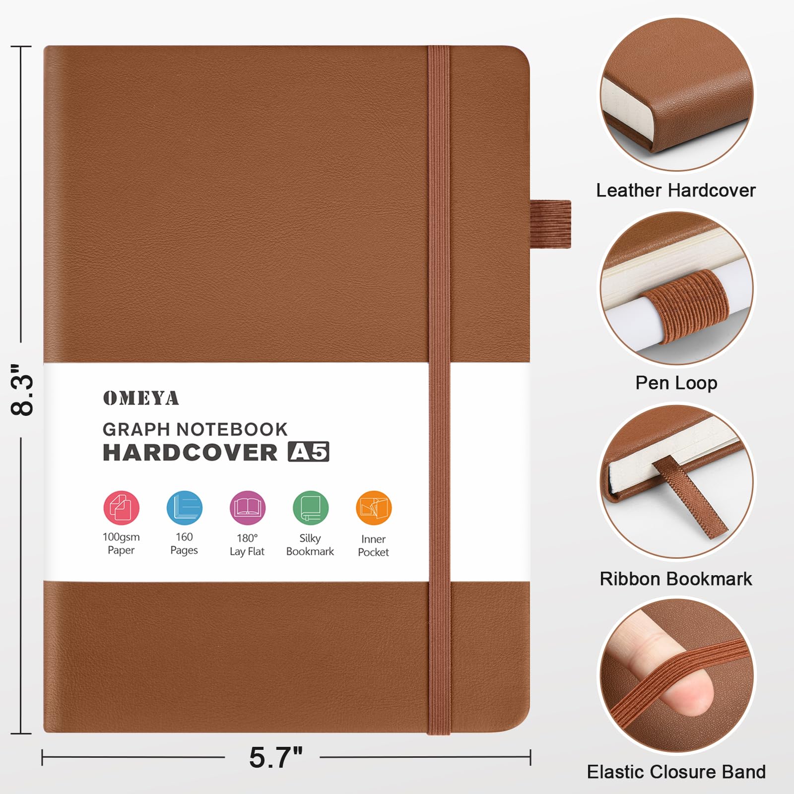 Lot de 4 carnets de notes en papier quadrillé 160 pages, format A5 de taille moyenne (14,5 x 21,1 cm), papier quadrillé épais de 100 g/m², couverture rigide en cuir pour écrire, carnet graphique pour