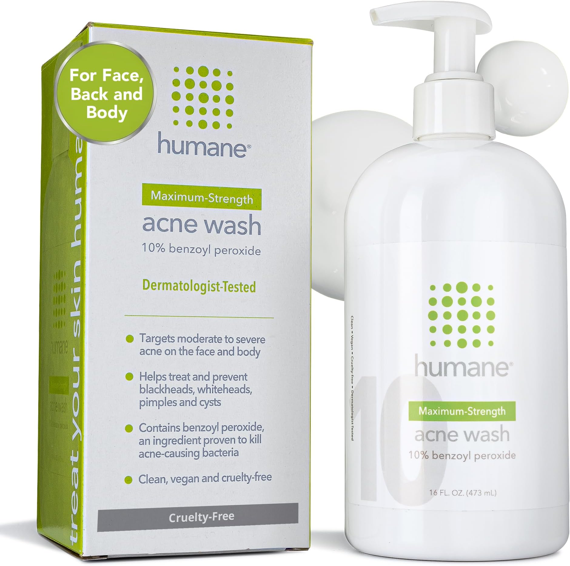 Maximum-Strength Acne Wash - 10% Benzoyl Peroxide Acne Treatment for Face, Skin, Butt, Back and Body - 16 Fl Oz - Dermatologist-Tested Non-Foaming Cleanser - Vegan, Cruelty-Free
