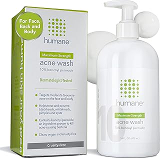 humane Benzoyl Peroxide Acne Body Wash - 10% Maximum-Strength Face, Skin, Butt, and Back Acne Treatment - 16 Fl Oz - Dermatologist-Tested Non-Foaming Acne Face Wash Cleanser - Vegan, Cruelty-Free