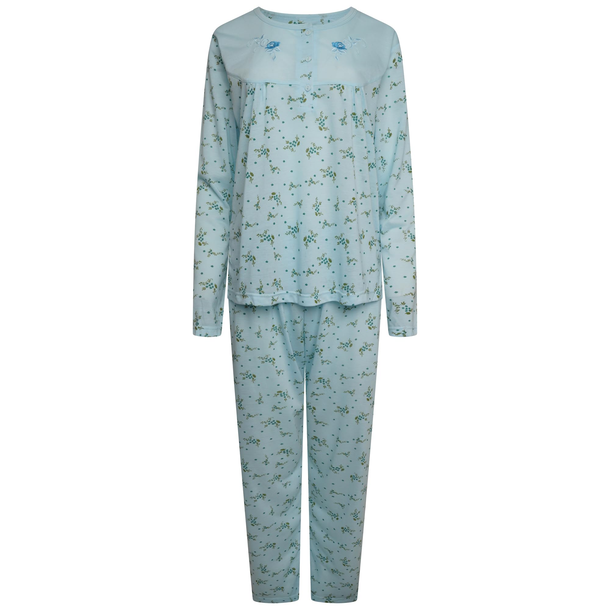 Nikaro Ladies Cotton Rich Daisy Print Button Tunic Long Sleeved Pyjama Set (XL) Blue