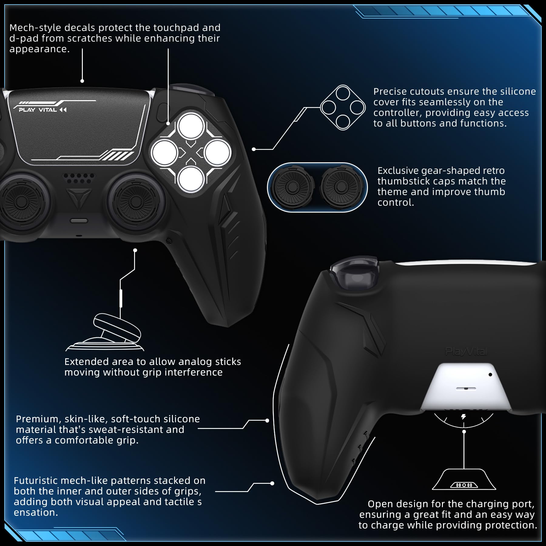 PlayVital Cover Silicone per ps5 Controller,Joystick Custodia Protettiva Antiscivolo&Copri Analogici&Adesivo Touchpad,Compatibile con Base di Ricarica,CyberMech-Nero