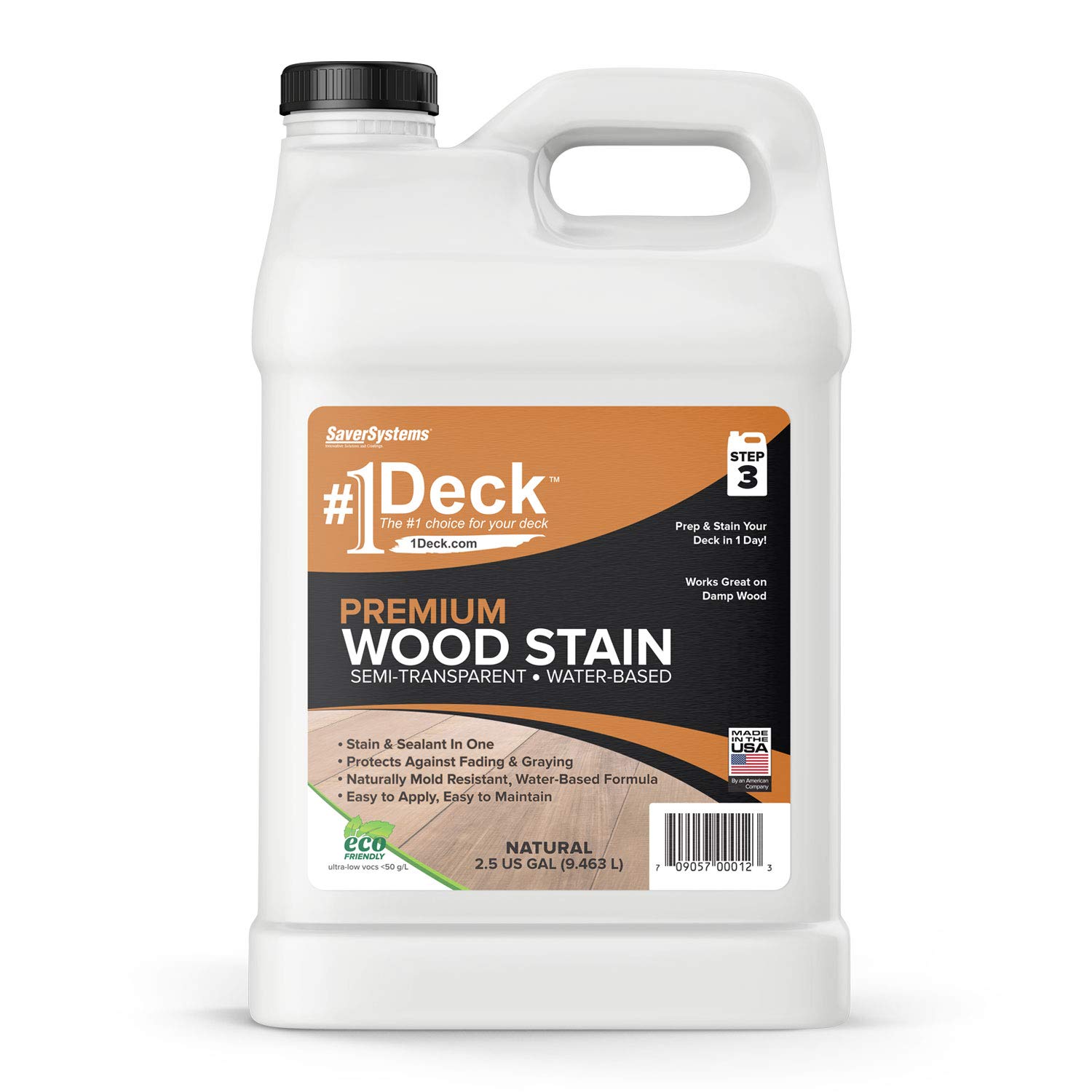 SaverSystems #1 Deck Premium Semi-Transparent Outdoor Wood Stain and Sealer in One - Water Based Wood Stain for Decks, Fences, & Siding - 2.5 Gallon (