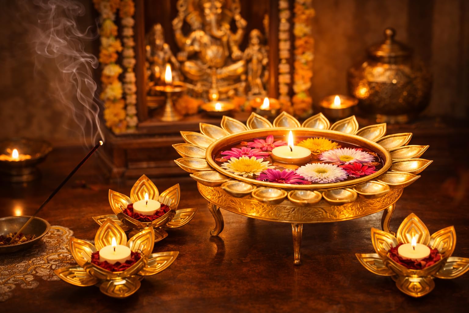 Large 12 Inch Metal Urli Bowl with Lotus Tealight Holders | Traditional Diwali & Hindu Festival Floor Decor for Home, Pooja | Floating Flower & Candle Urli for Ganesh Chaturthi, Navratri & Gifting 1