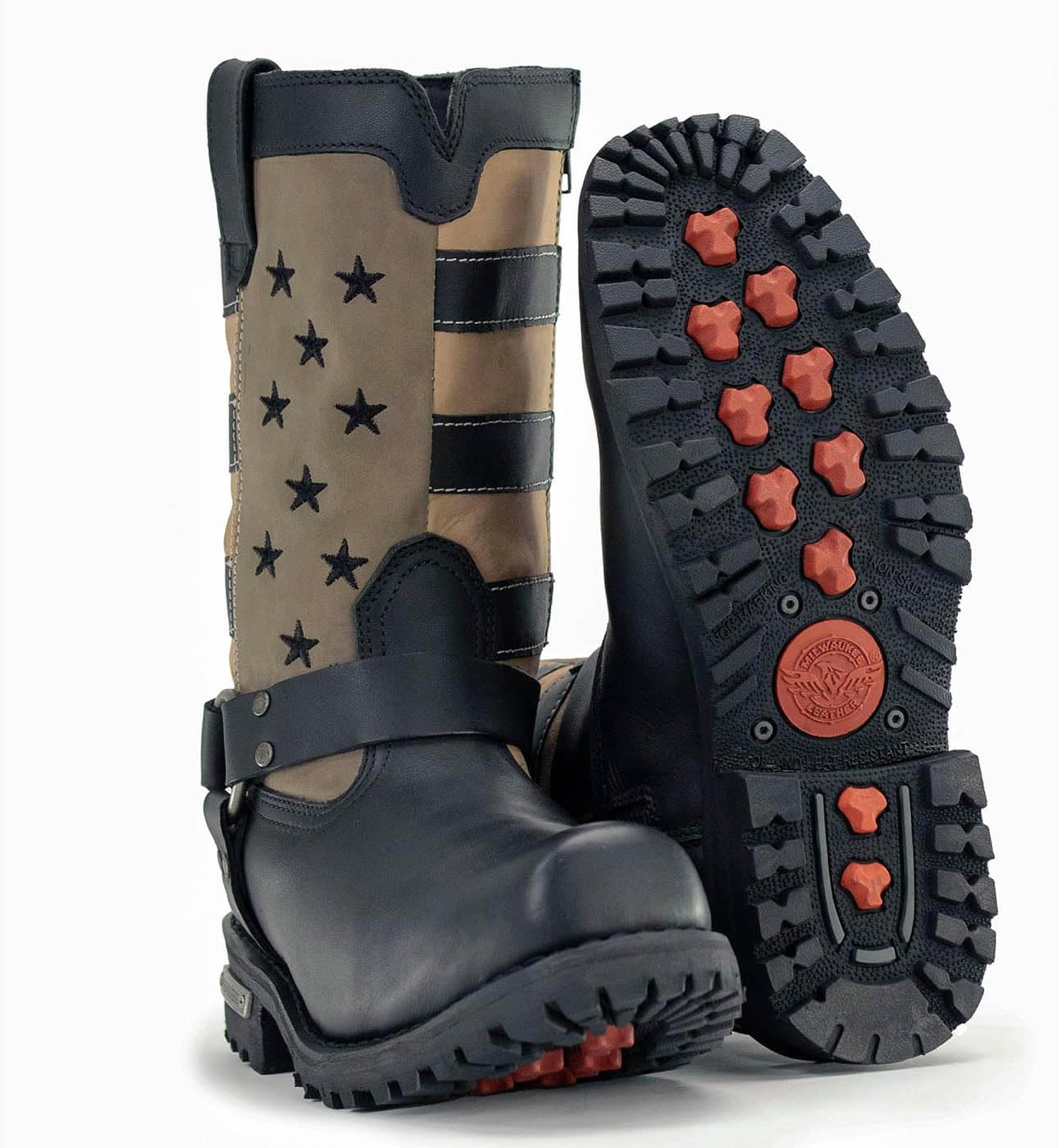 Milwaukee Leather Men’s Black & Tan Stars & Stripes Harness Motorcycle Boot (Size - 11.5)