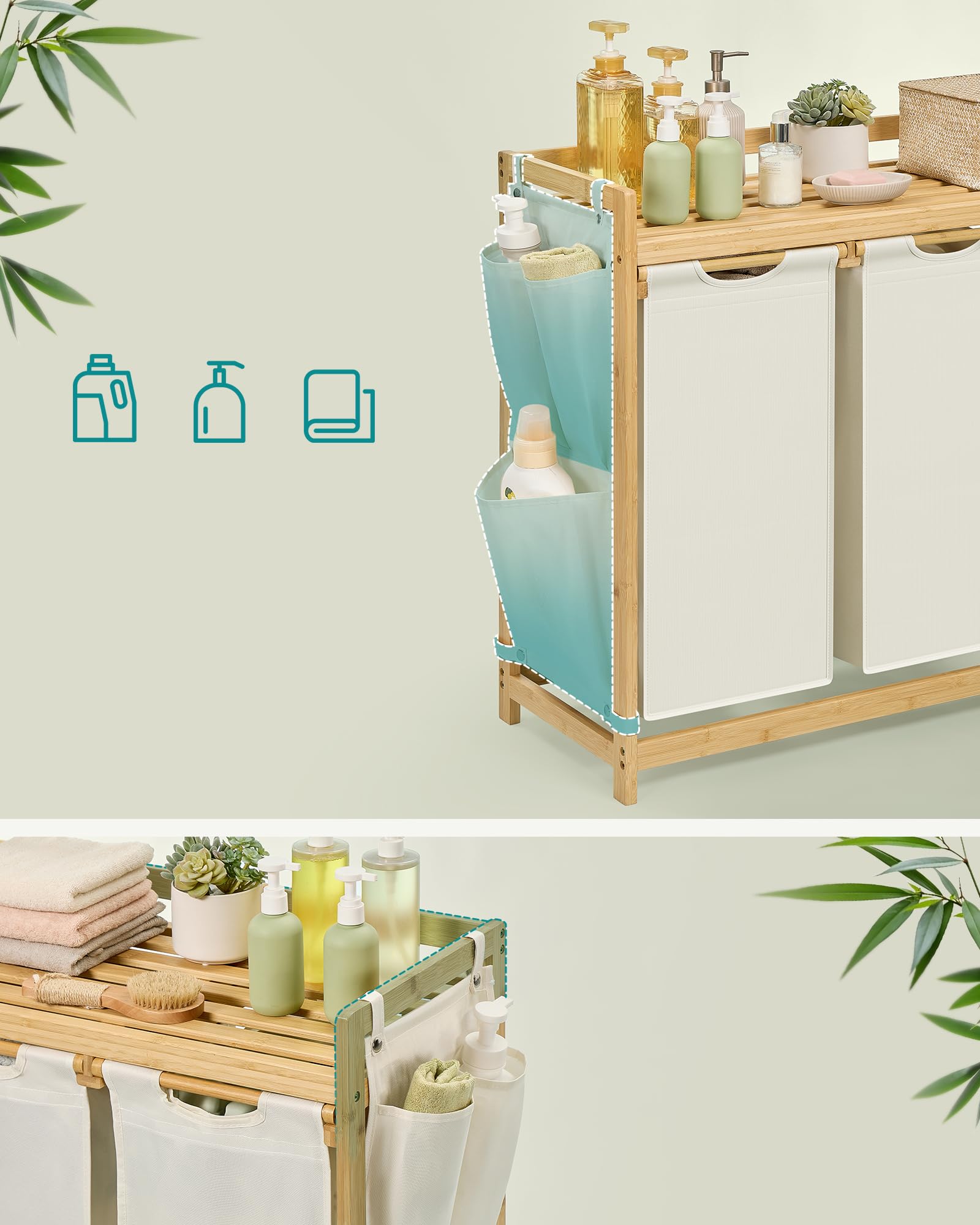 SONGMICS Kosz na pranie, z 3 przegródkami, kosz na brudną bieliznę, bambusowy, pojemność 150 l, z półką, kieszeniami bocznymi, 3 x 50 l, 94 x 33 x 78 cm, kremowo-biały RLH115W01