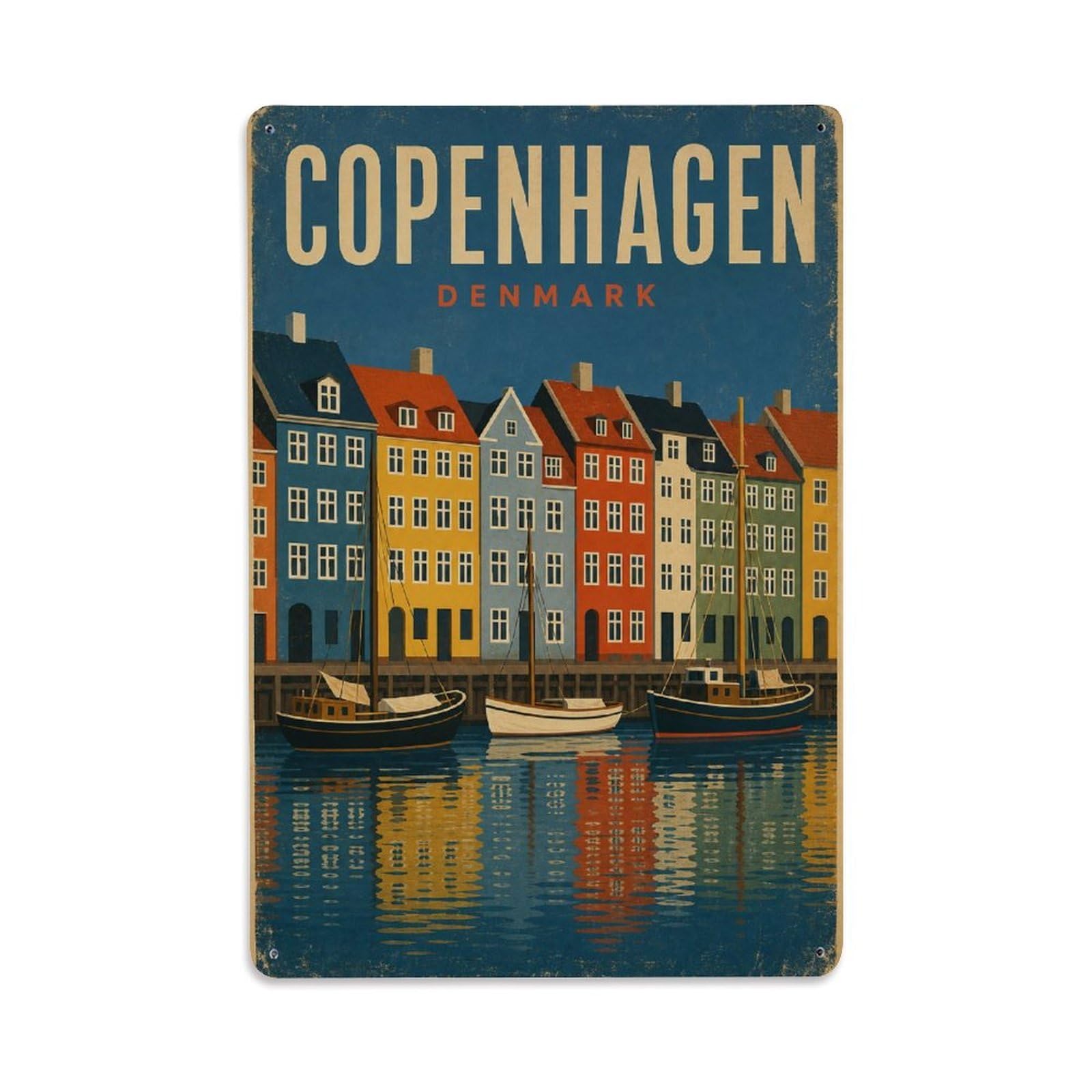 Vintage Travel Denmark Copenhagen Metal Tin Sign Plaque Wall Decor for Cafe, Club Bar, Office, Garden Metal Poster 8x12Inch