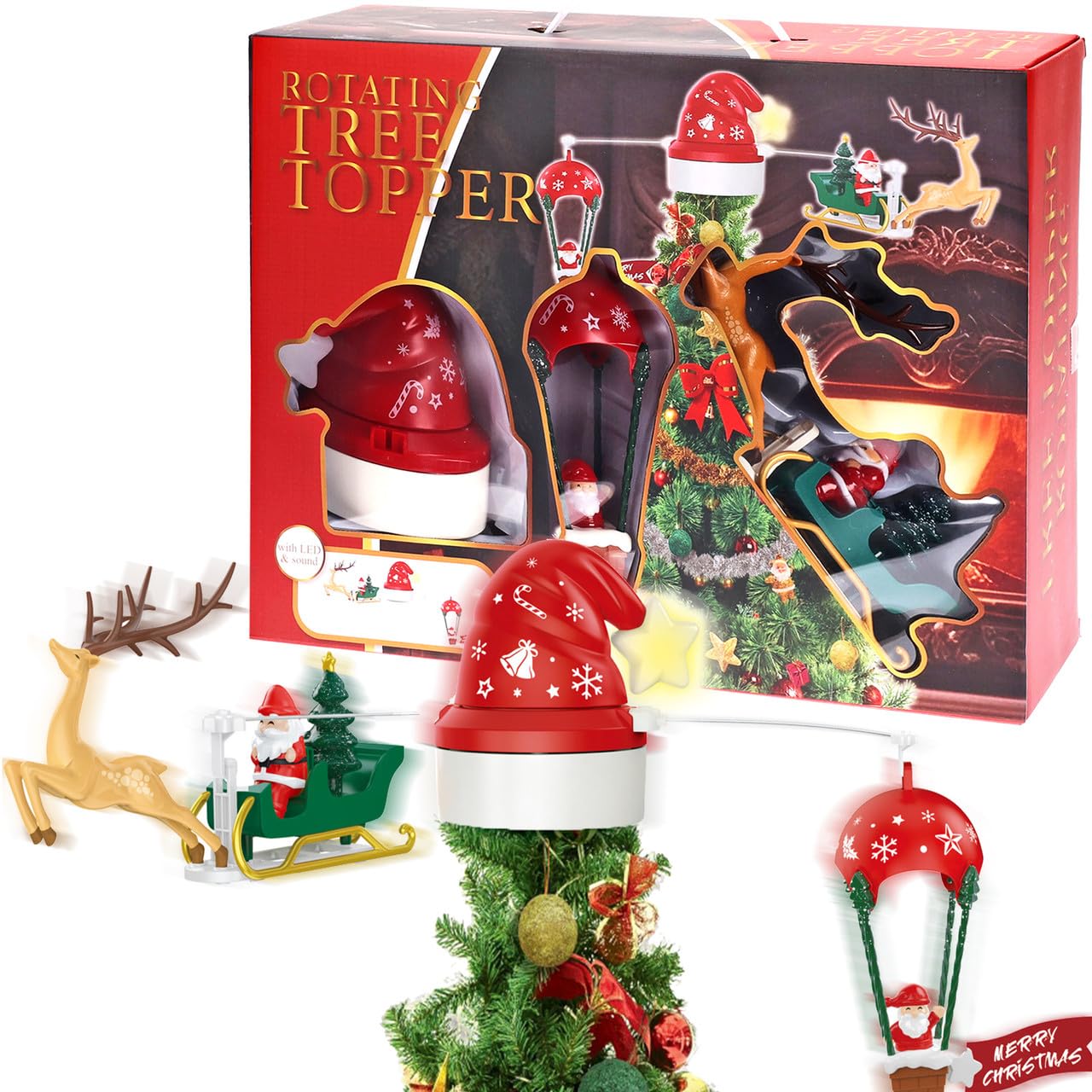 Urbnliving Red & Green 80Cm Christmas Tree Rotating Topper Led Sound Spinning Flying Santa & Reindeer Sleigh Musical Ornament For Xmas Decoration Gift For Home Décor
