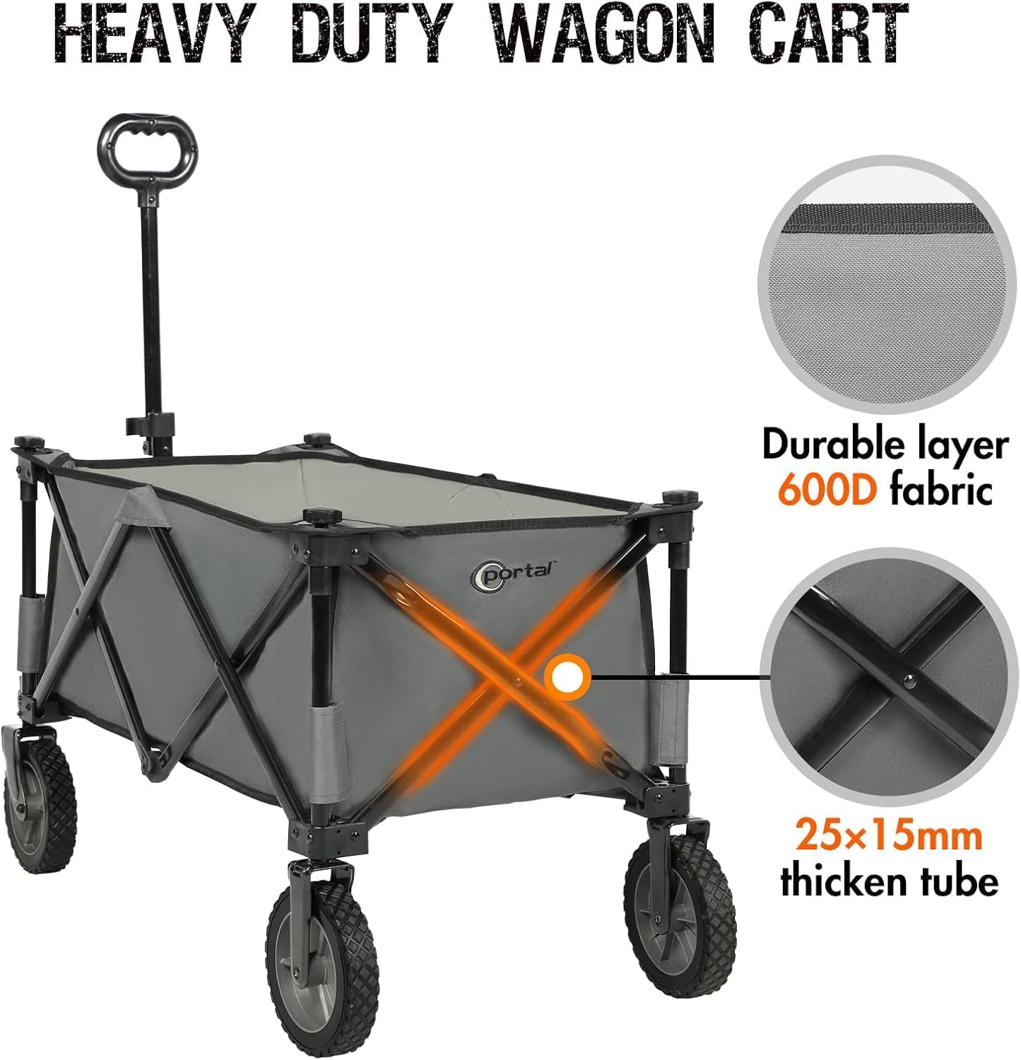 Close-up of the heavy-duty frame and durable 600D fabric of the PORTAL wagon cart