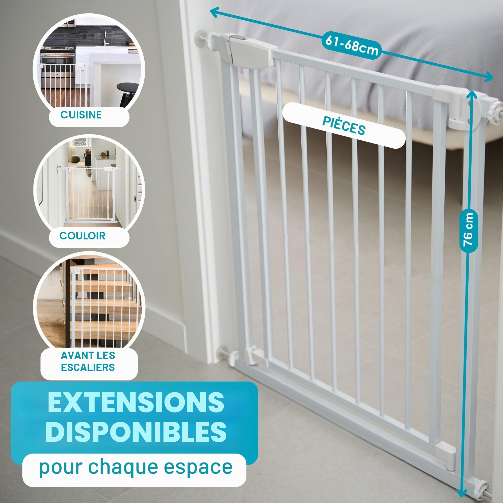 ALMAR Baby Barrière de sécurité 61-68 cm blanc | Montage facile sans vis pour portes, couloirs ou escaliers pour enfants ou animaux domestiques | Clôture blanche avec système de fermeture automatique