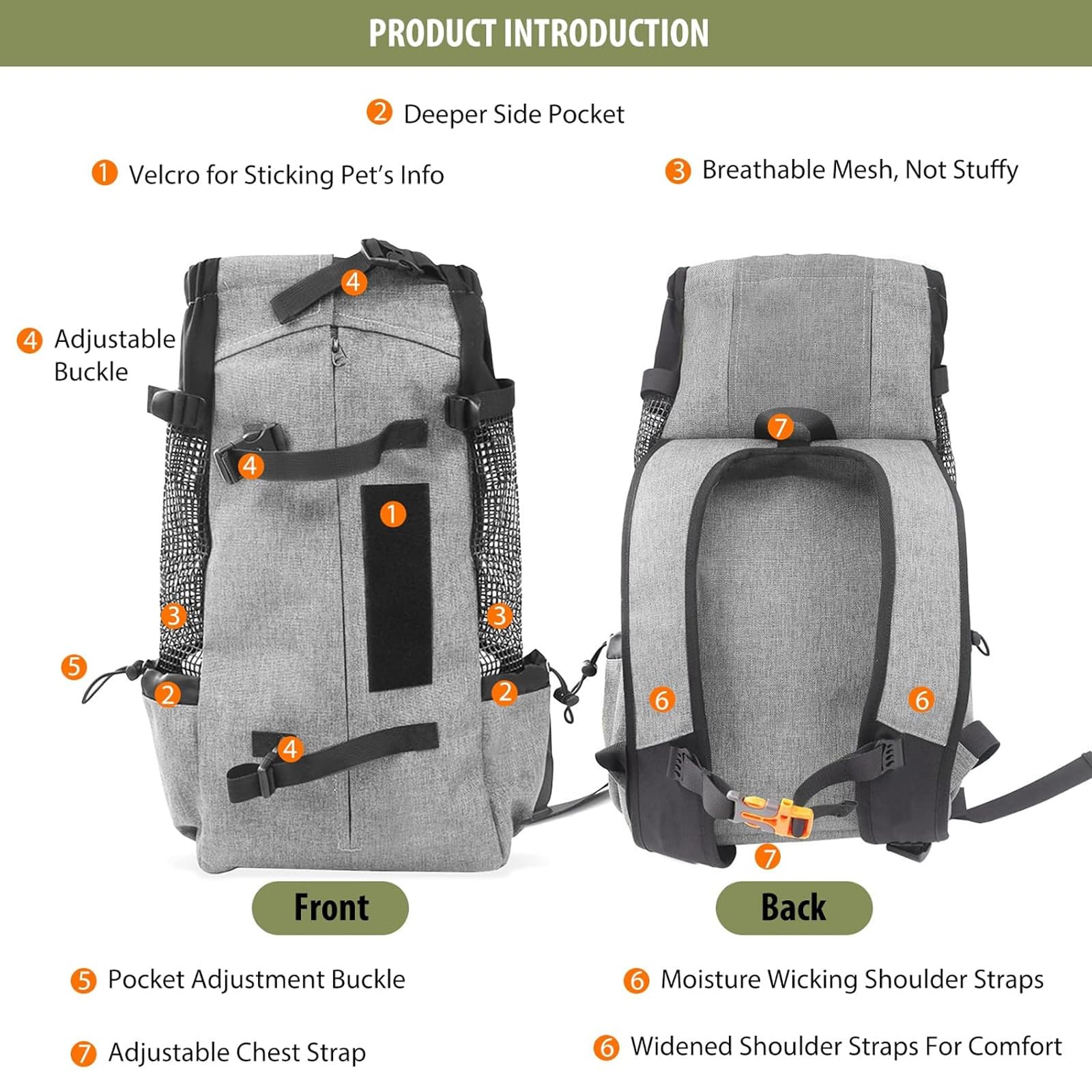 PETCUTE Zaino per cani gatti Borsa trasportino Trekking Regolabile Carico Massimo 16,5 kg Grigio