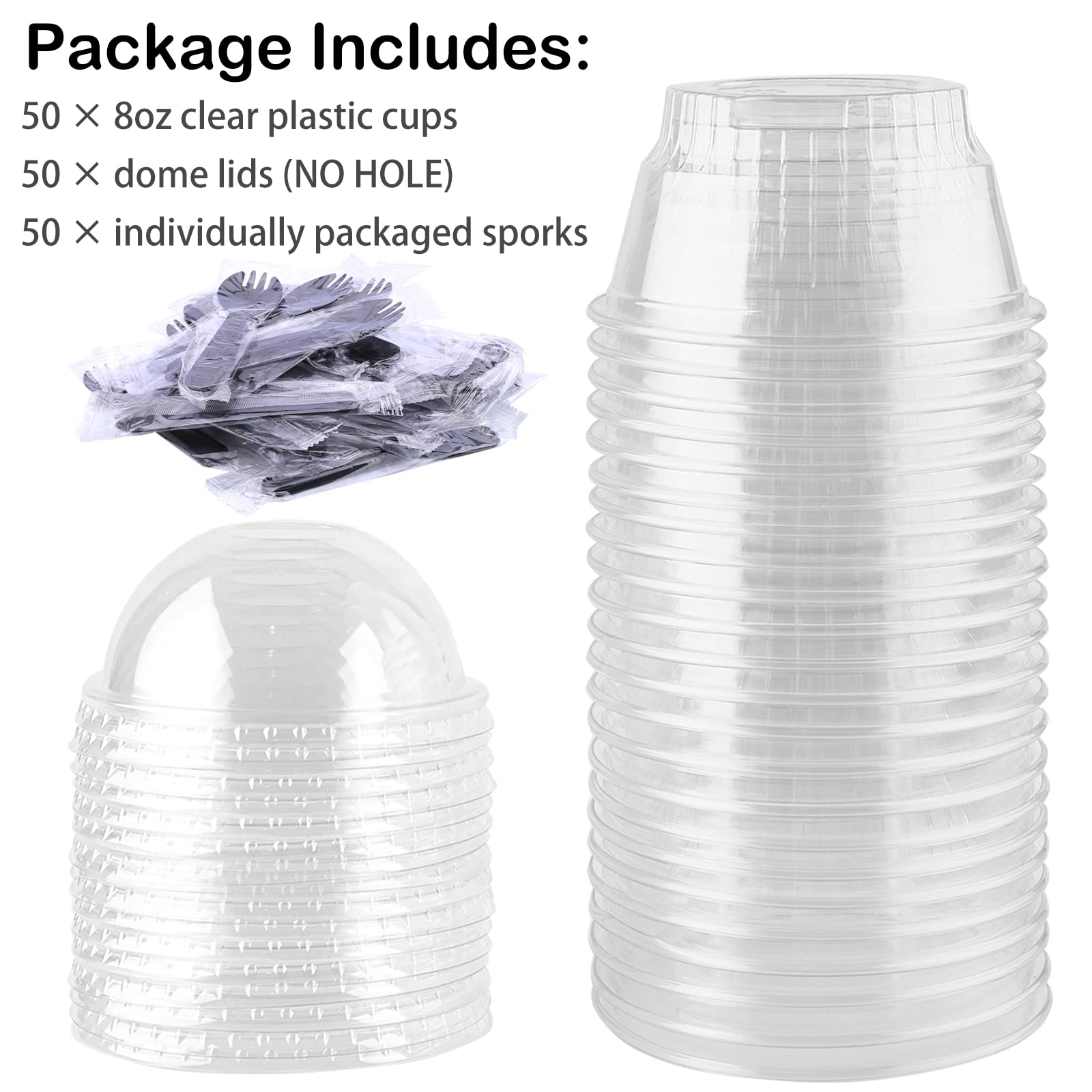 Zezzxu 50 Pack 8oz Clear Plastic Cups with No Hole Dome Lids and Sporks