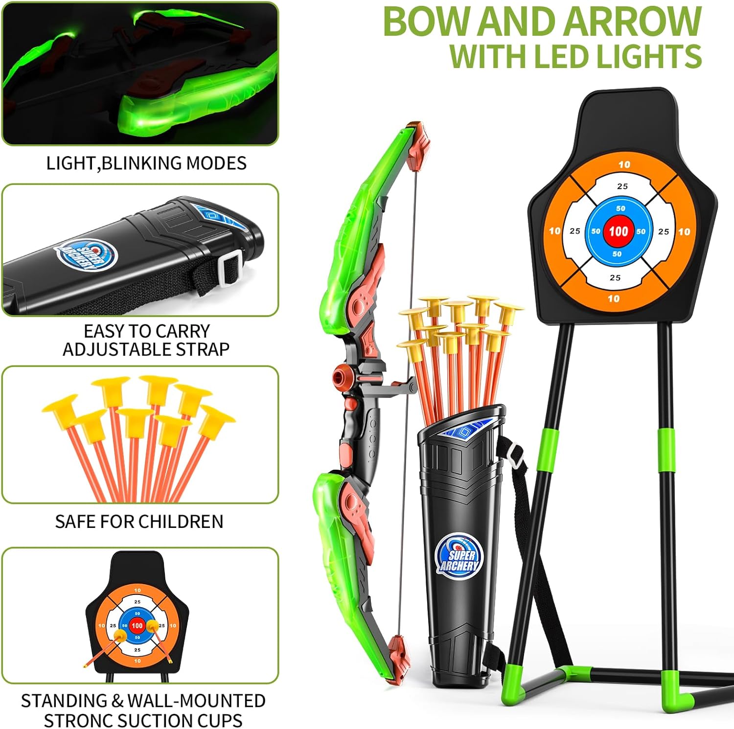 TEMI Bow and Arrow Set for Kids with LED Lights-Archery Set with 10 Suction Cup Arrows, Quivers & Standing Target, Outdoor Toys for Kids Boys & Girls Ages 3-12 Years Old