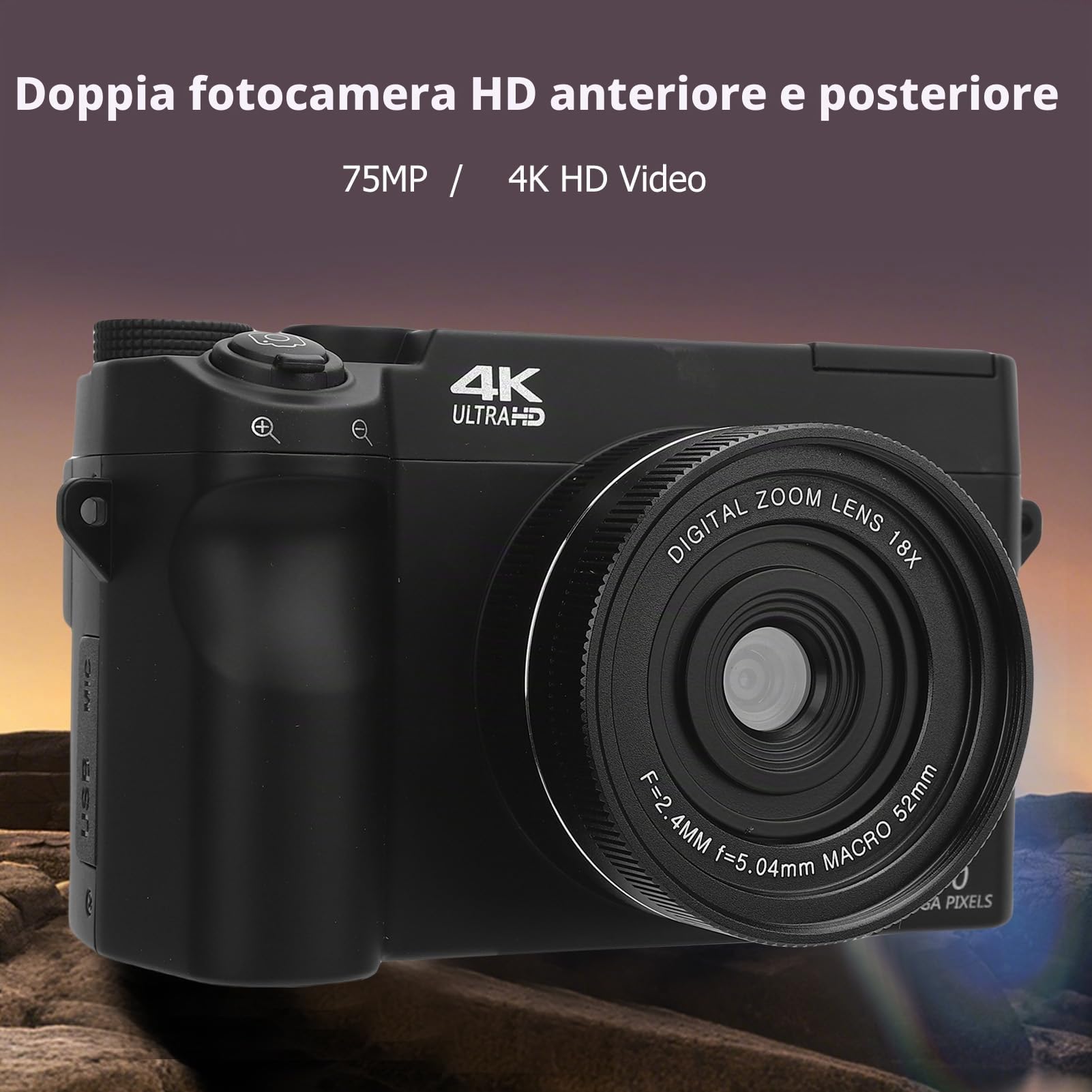 Fotocamera Digitale 4K, Videocamera per con Zoom Digitale 18X UHD da 75 MP, Fotocamera Anteriore e Posteriore, Schermo LCD da 3 Pollici, Fotocamera Punta e Scatta Wi-Fi con Flash (BLACK)
