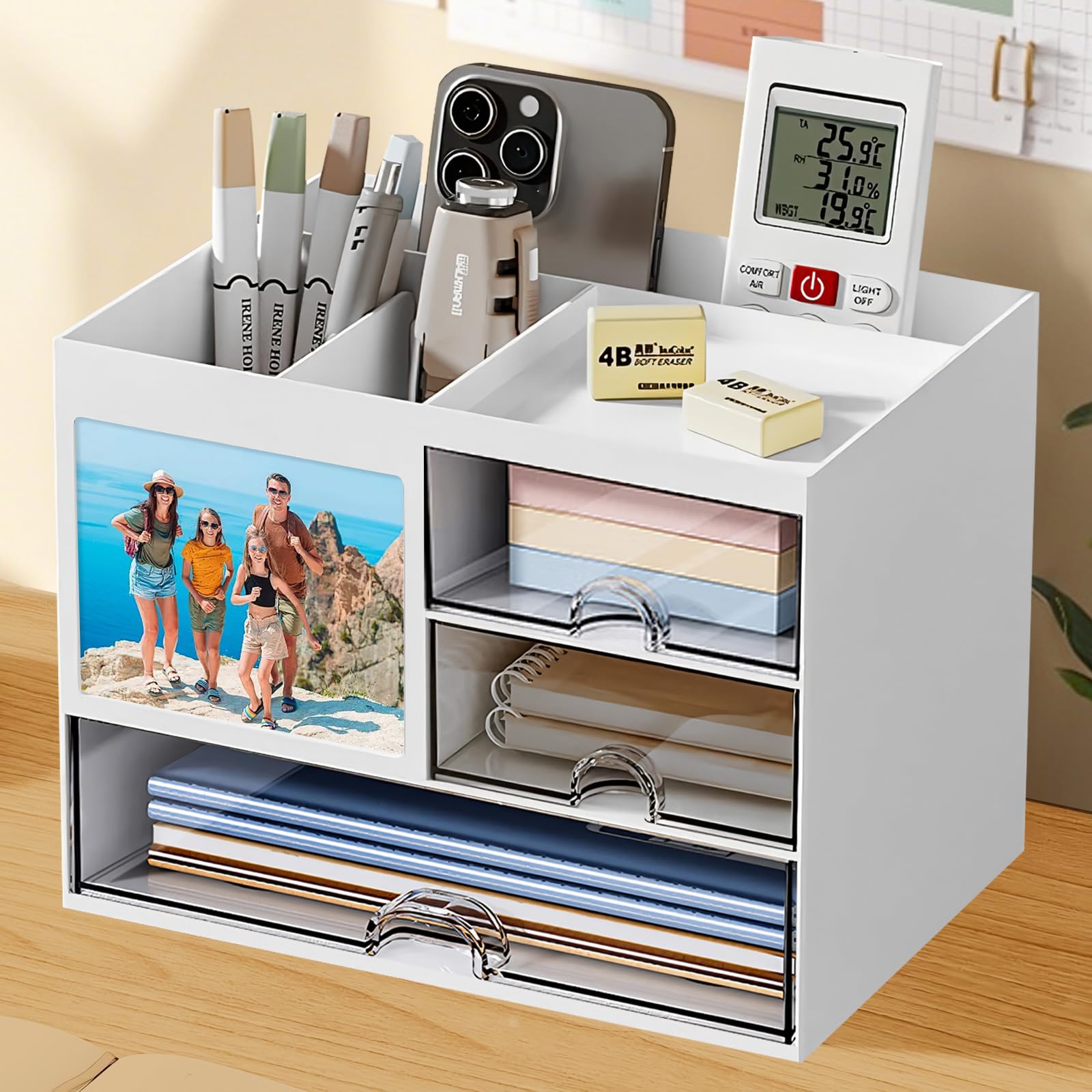 Glovios Organizador Escritorio, Organizadores de Escritorio Rreativo y Simple con 5 Compartimentos & 3 Cajones, Organizador de Mesa de Plástico para el Hogar Oficina y Escuela