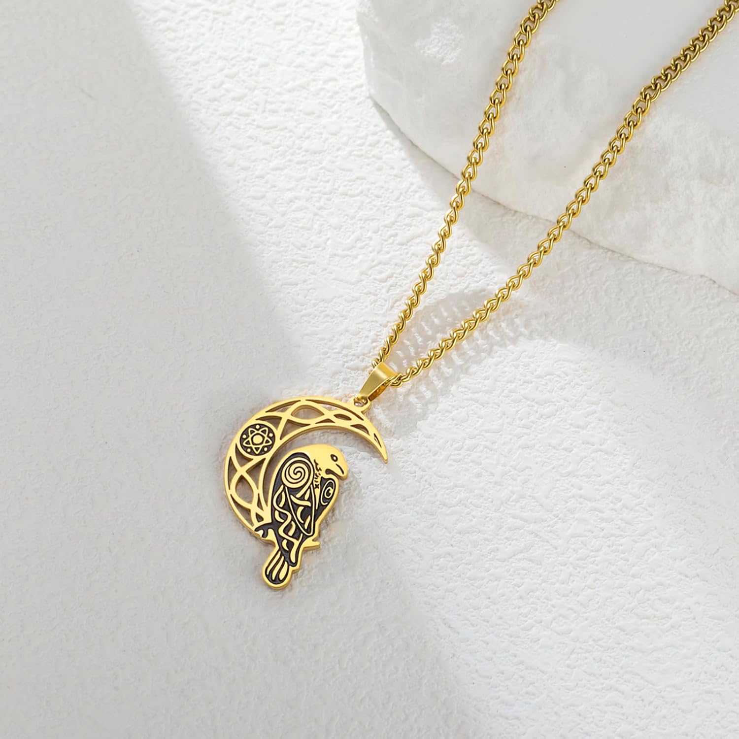 VASSAGO Viking Raven Necklace for Women Men Stainless Steel Crescent Moon Necklace Odin Raven Pendant Amulet Jewelry Gift - Image 9