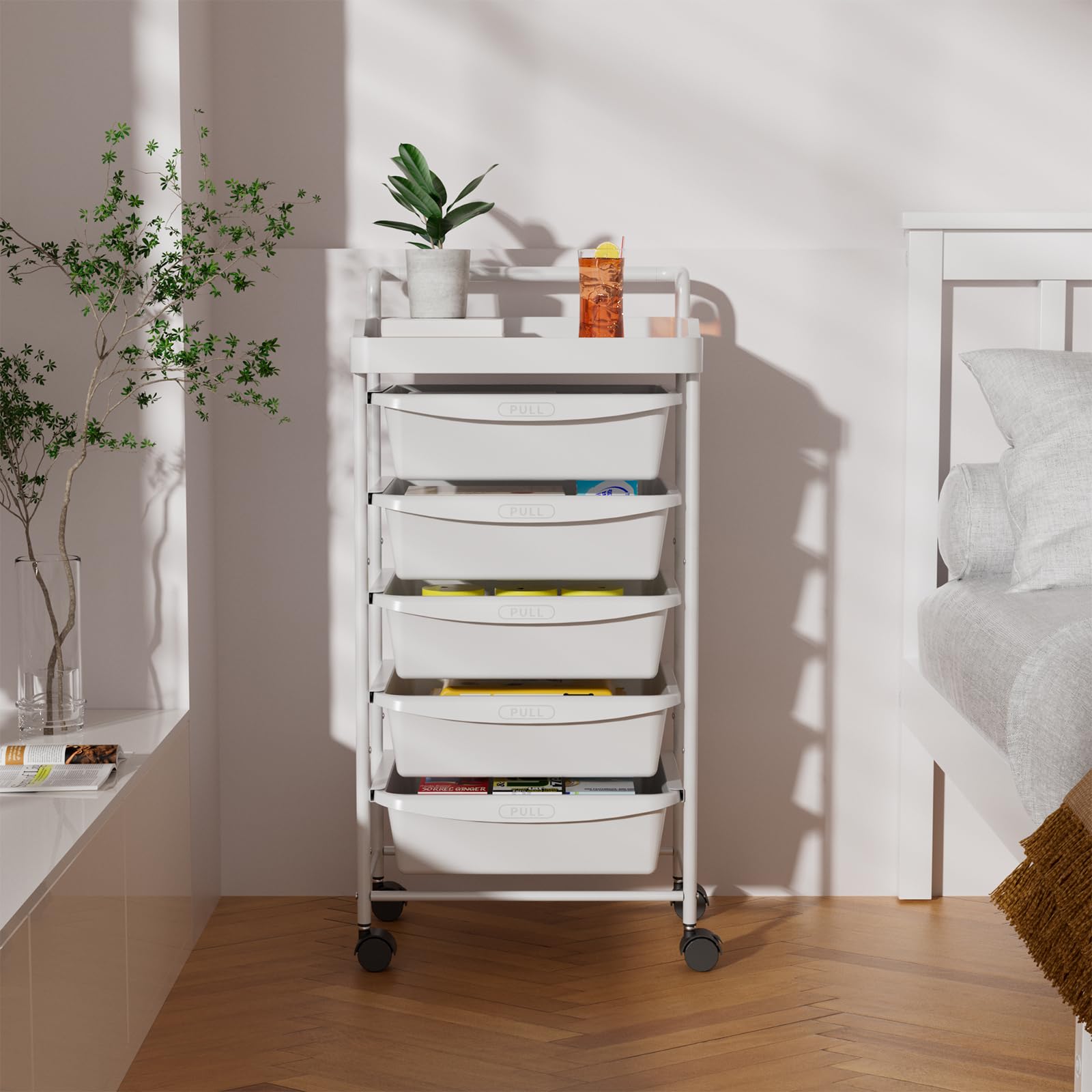 Carrello a 5 Cassetti con Ruote e Ripiani Mobile Salvaspazio Multifunzionale Storage Rack Bagno Cucina per Portavivande Portafrutta (Bianco)