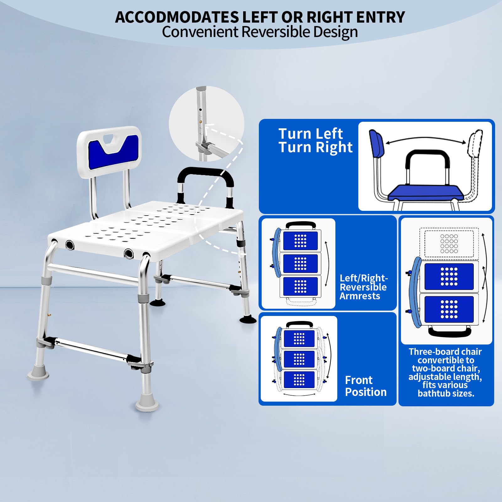 Heavy Duty Width Adjustable Bath Tub Transfer Shower Bench for Inside Tub Extended Shower Chair with Adjustable Height and Reversible Backrest Handicap Shower Chair Seat for Elderly and Disabled - 3