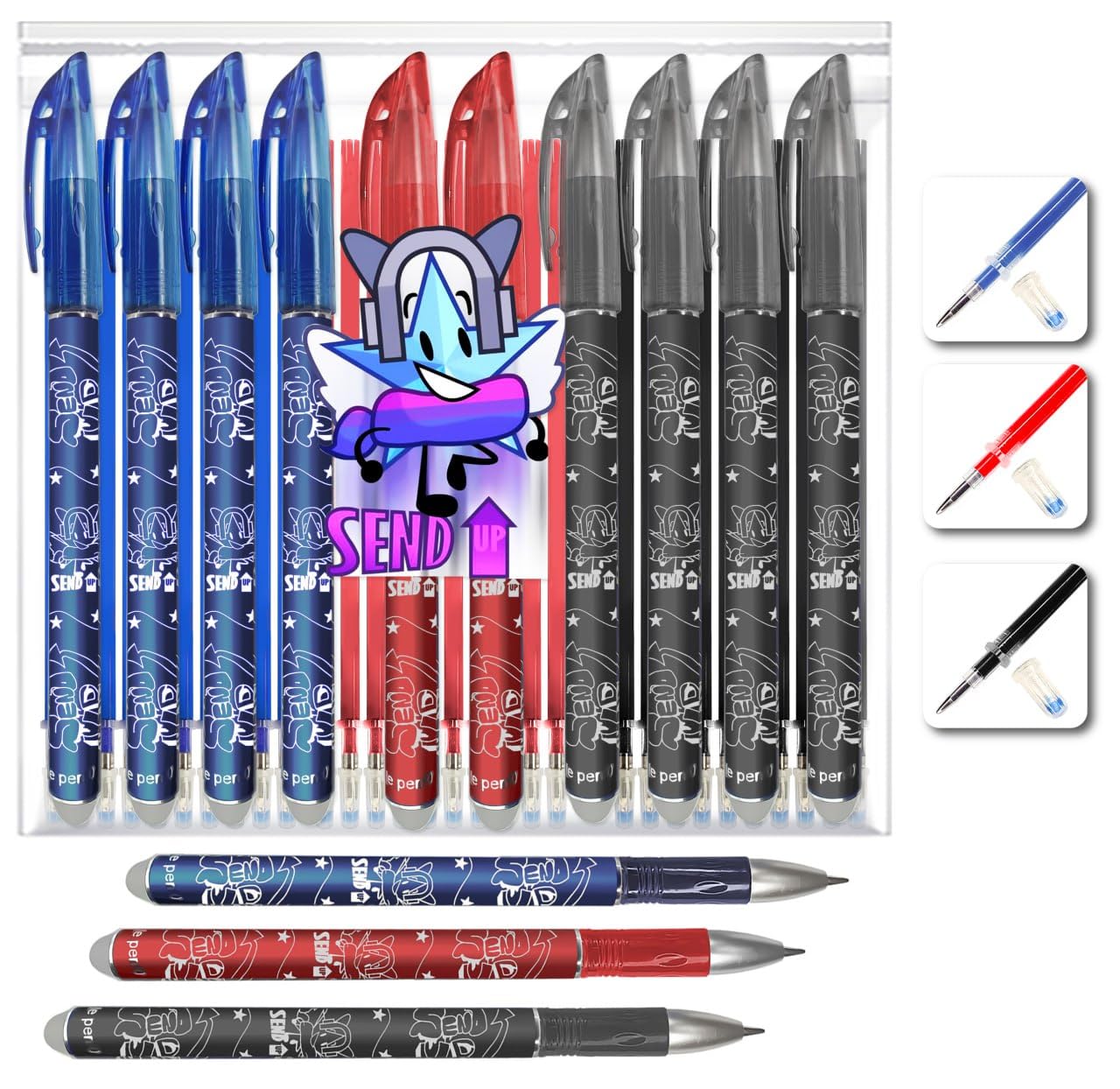 Set 10 Bolígrafos Borrables (2 Rojos, 4 Negros, 4 Azules) + 30 Recambios (6 Rojos, 12 Negros, 12 Azules) – Punta 0,5mm – Tinta Termosensible para Escuela, Marcado Preciso sobre Tela y Piel