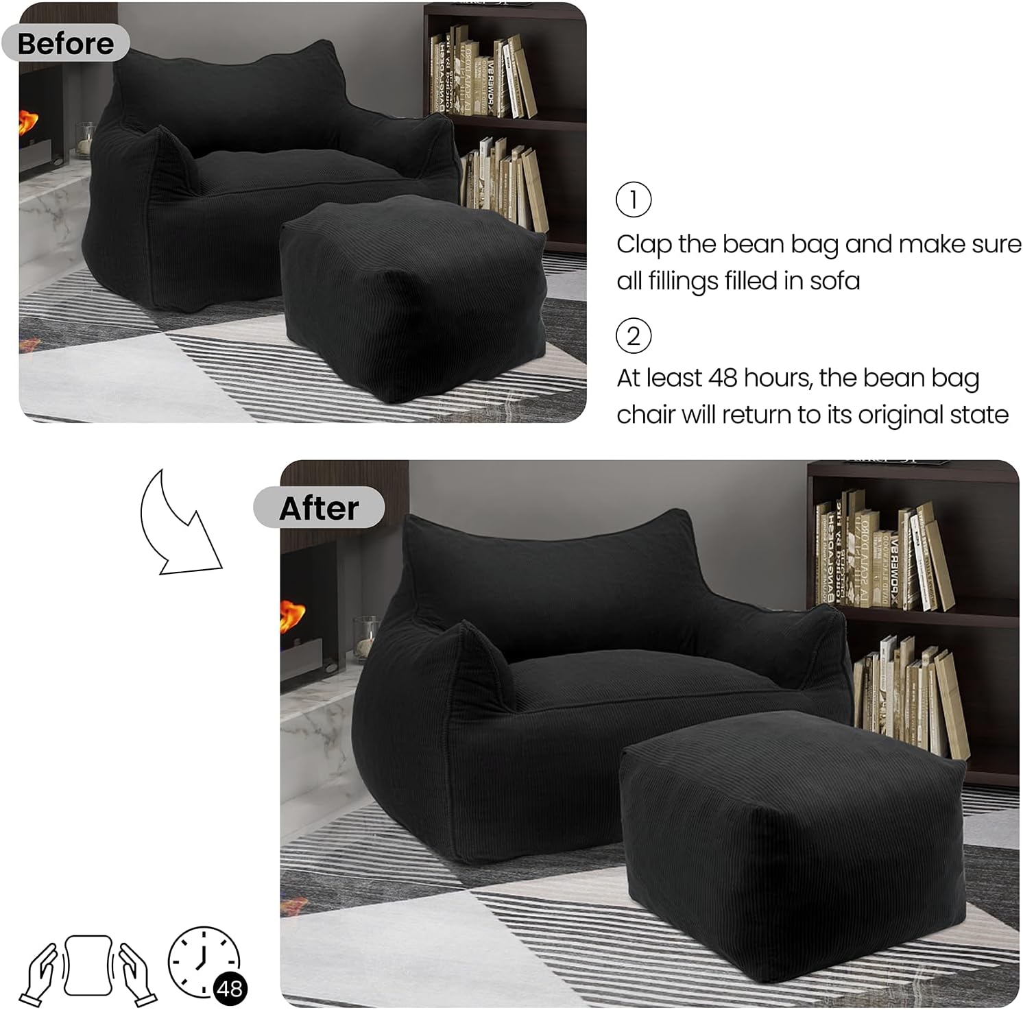 YOURLITE Bean Bag Chair for Adults with Footrest, High-Resilience Foam Filled Bean Bag Sofa with Armrests and Backrest, Comfy Corduroy Floor Sofa for Living Room, Bedroom or Balcony (Dark Grey)