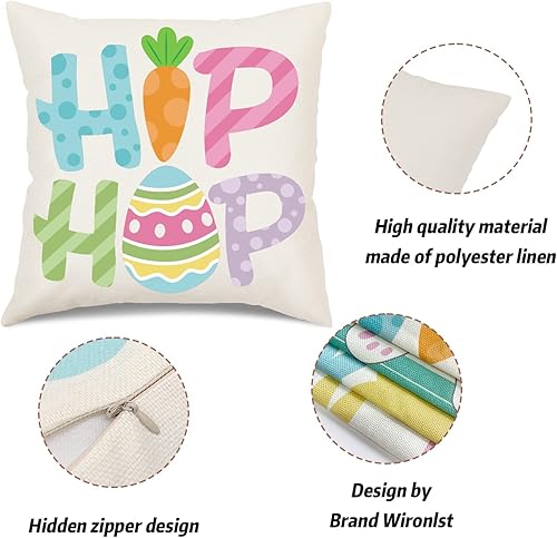 Miniatura 4 de Wironlst Juego de 4 fundas de almohada de Pascua de 18 x 18 pulgadas, decoraciones de Pascua para el hogar, conejito, sendero, camión, hip-hop,