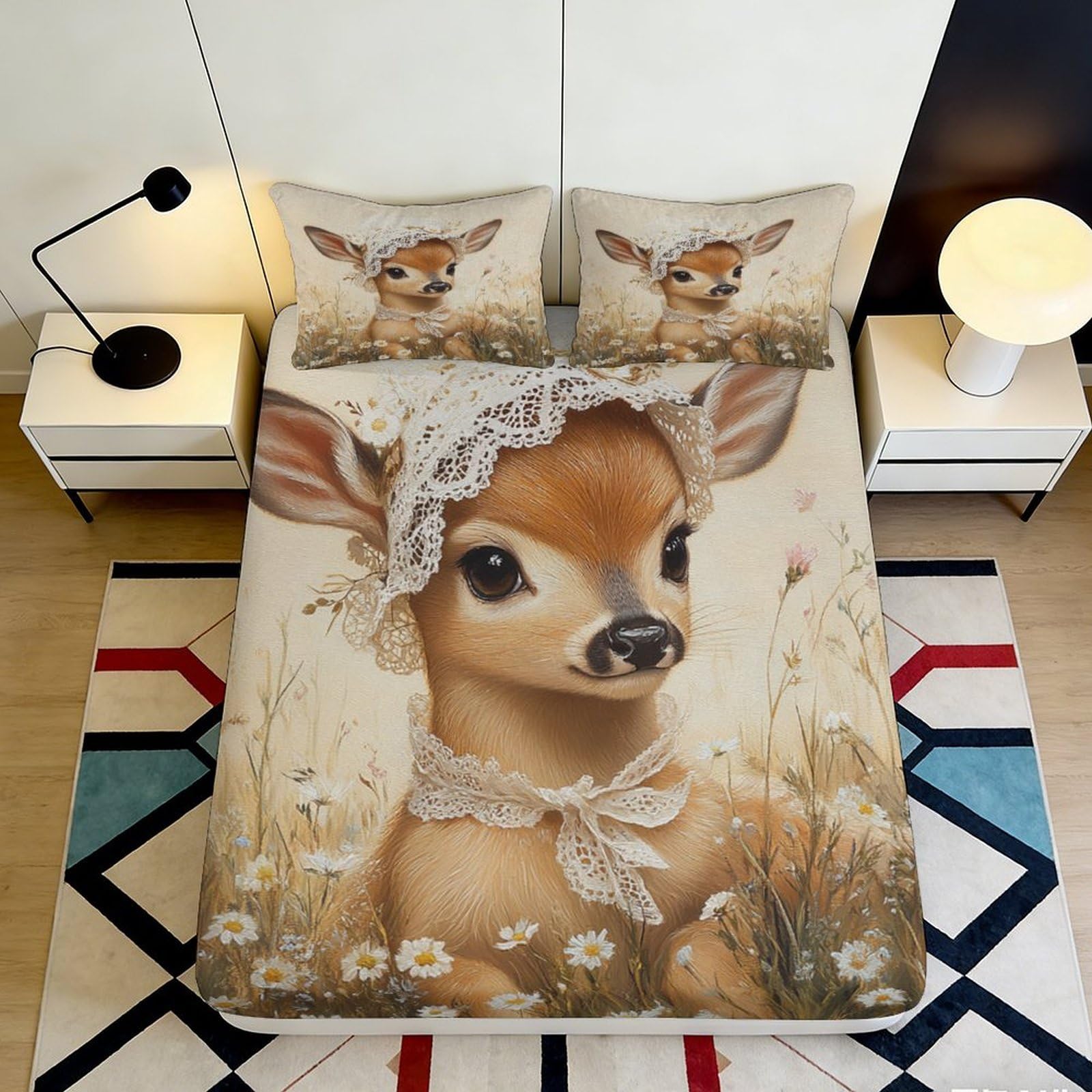 3D Printed Deer Meadow Fitted Sheet Microfiber Soft Anti-Slip Floral Forest Bed Cover for Bedroom Guest Room Decor 90x200x25cm