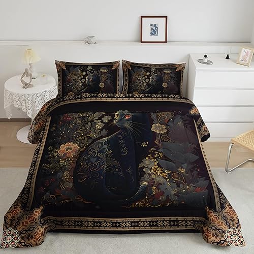 Boho Black Cat Comforter Set Full Size for and Adults