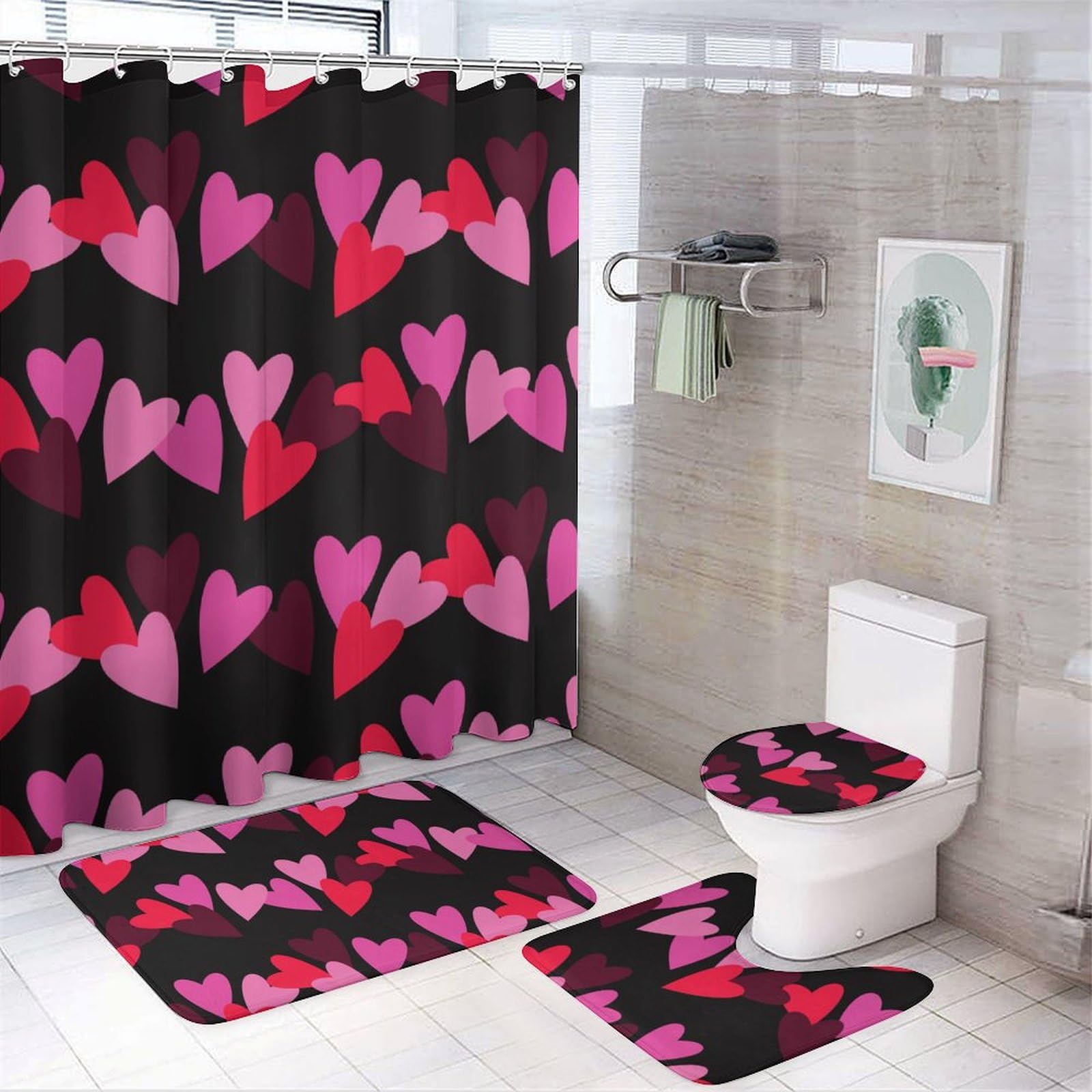 Rideau de douche motif cœur et tapis de bain haute densité parure de luxe
