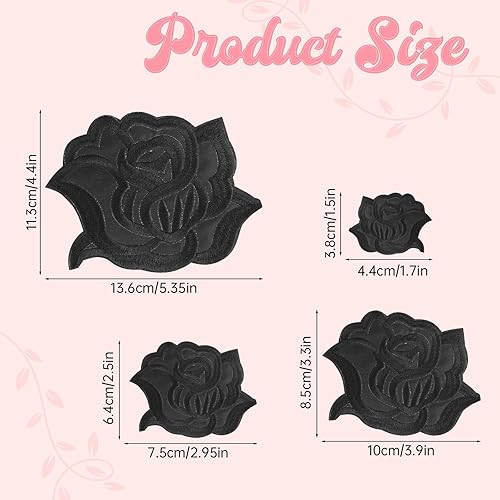 Miniatura 7 de 8 parches de flores de rosas negras para planchar para diseños de ropa, parches de reparación de tela, 4 tamaños bordados, parches de flores,