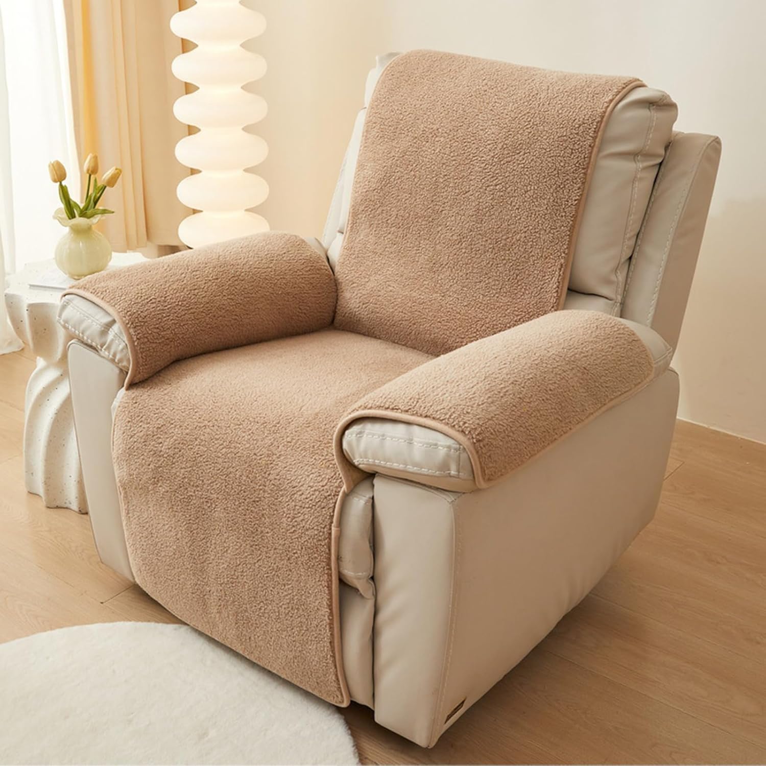 Sherpa Fleece Recliner Chair Cover, Soft Fluffy Couch Recliner Cover, Sofa Slipcover, Stay in Place, Non Slip, Washable, Furniture Protector, Camel, 22"x82"