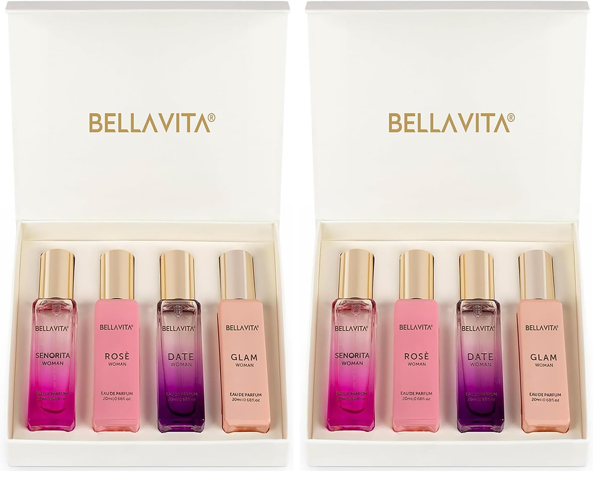 BellaVita Luxury Parfüm Geschenkset für Damen (4 x 20 ml) | Französische EDP | Blumig, süß, Vanille und Moschus | DATE, SENORITA, GLAM & ROSE | Das perfekte Valentinstagsgeschenk (Packung mit 2)