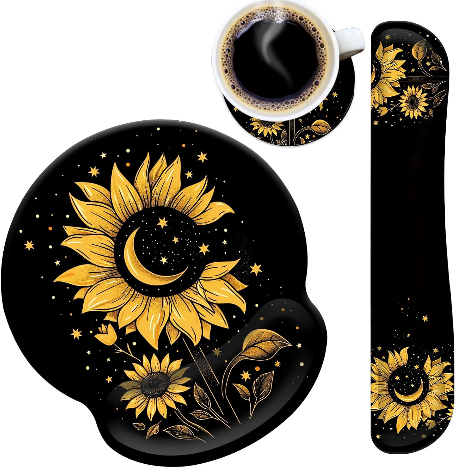 Mouse Pad Wrist Support and Keyboard Wrist Rest Pad with Coaster,Non-Slip Rubber Base Ergonomic Gaming Mousepad for Home Office Working Studying Easy Typing & Pain Relief,Sunflower Moon Star