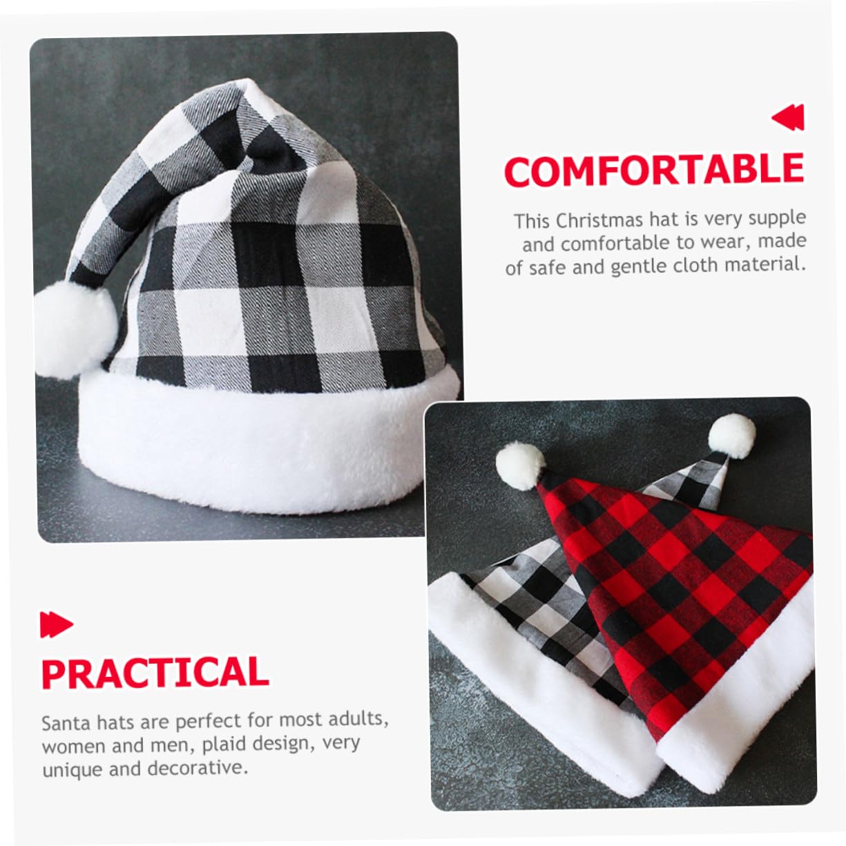 Bonnet de Noël à Carreaux Rouge et Noir et Confortable Chapeau Unisexe pour Fête et Accessoires de Costume de Noël