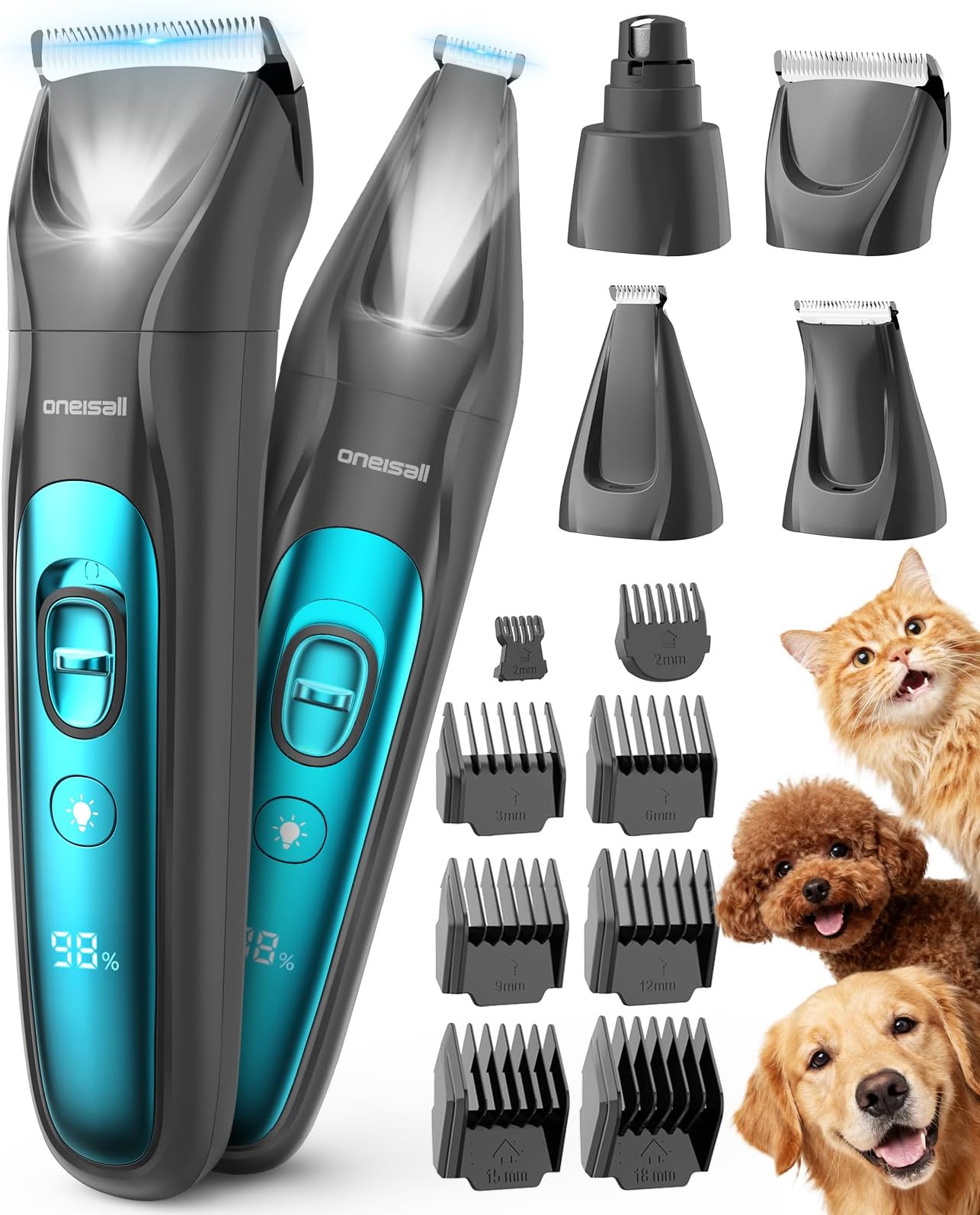 oneisall Dog Clippers & Paw Trimmer 4 in 1 Grooming Kit, Dog Grooming Clippers with LED Light for Full-Body Grooming, Cordless Silent Pet Shaver for Dogs Cats