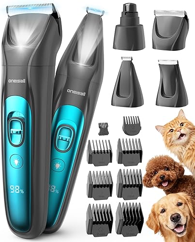 oneisall Professional Dog Grooming Kit at Home: All-in-One Quiet Clippers & Nail Grinder with LED Light, 2000mAh Cordless Dog Shaver, Safe Poodle