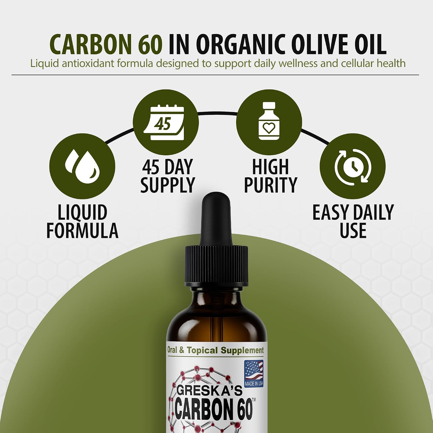 Greska's C60 in Organic Olive Oil - 45 Day Supply - Solvent-Free Carbon 60 Antioxidant Formula for Cellular Support, Vitality, Focus & Overall Wellness (1oz)