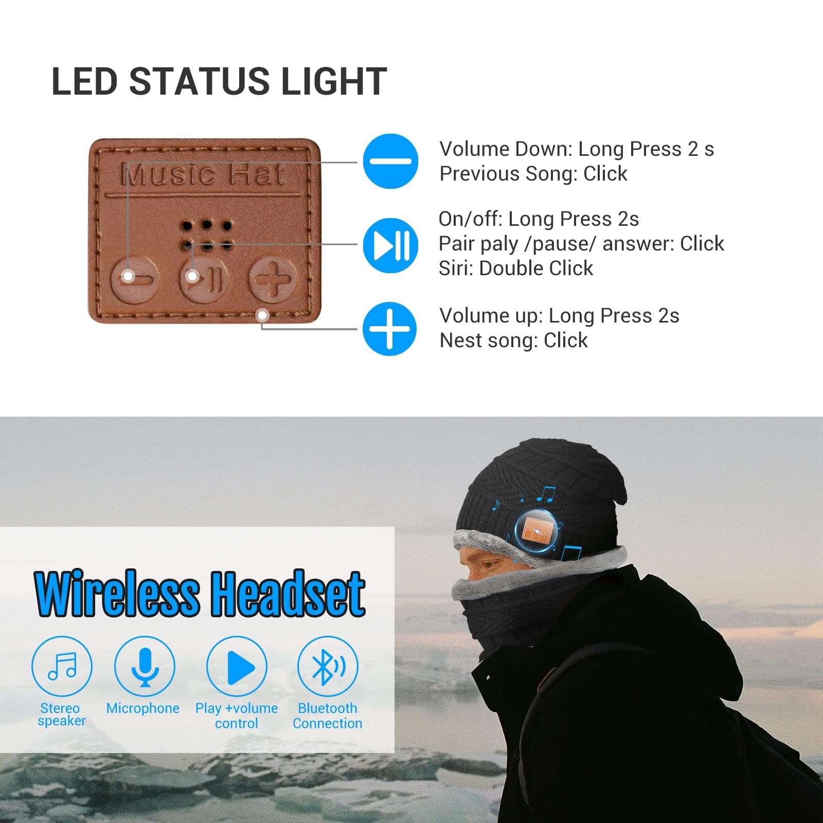 Regalo Uomo Donna Cappello Bluetooth Berretto Sci Regalo Natale Cappello Sportivi Uomo Musicale Bluetooth Lavorato a Maglia Berretto Cappello Invernali con Cuffie Stereo e Microfono Vivavoce