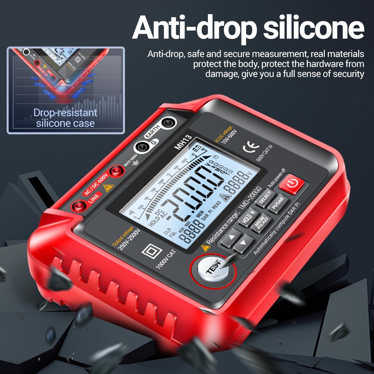 Tester di resistenza di isolamento digitale MH13 250 V-2500 V 1 MΩ-200 GΩ Megohm Test Meter Auto Range 2000 Counts LCD Display