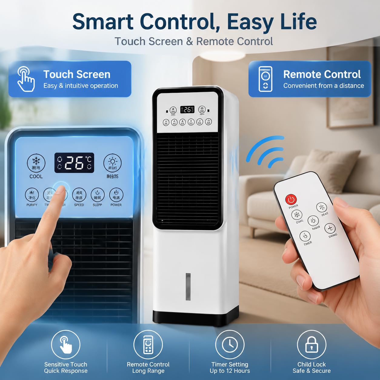 Condizionatore d'Aria Portatile 12000 BTU con Riscaldamento e Raffreddamento, unità AC Mobile Classe energetica A con Telecomando, Ventilatore raffreddatore evaporativo per casa, Ufficio e Viaggi