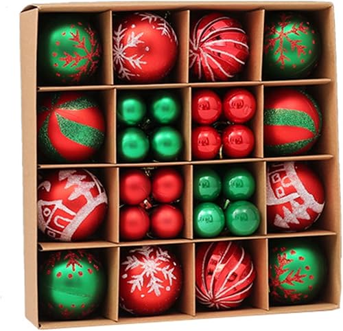 44 unidades de bolas de árbol de Navidad verde y rojas, colgantes de adornos surtidos, bola de Navidad de 2.4" inastillable y brillante para