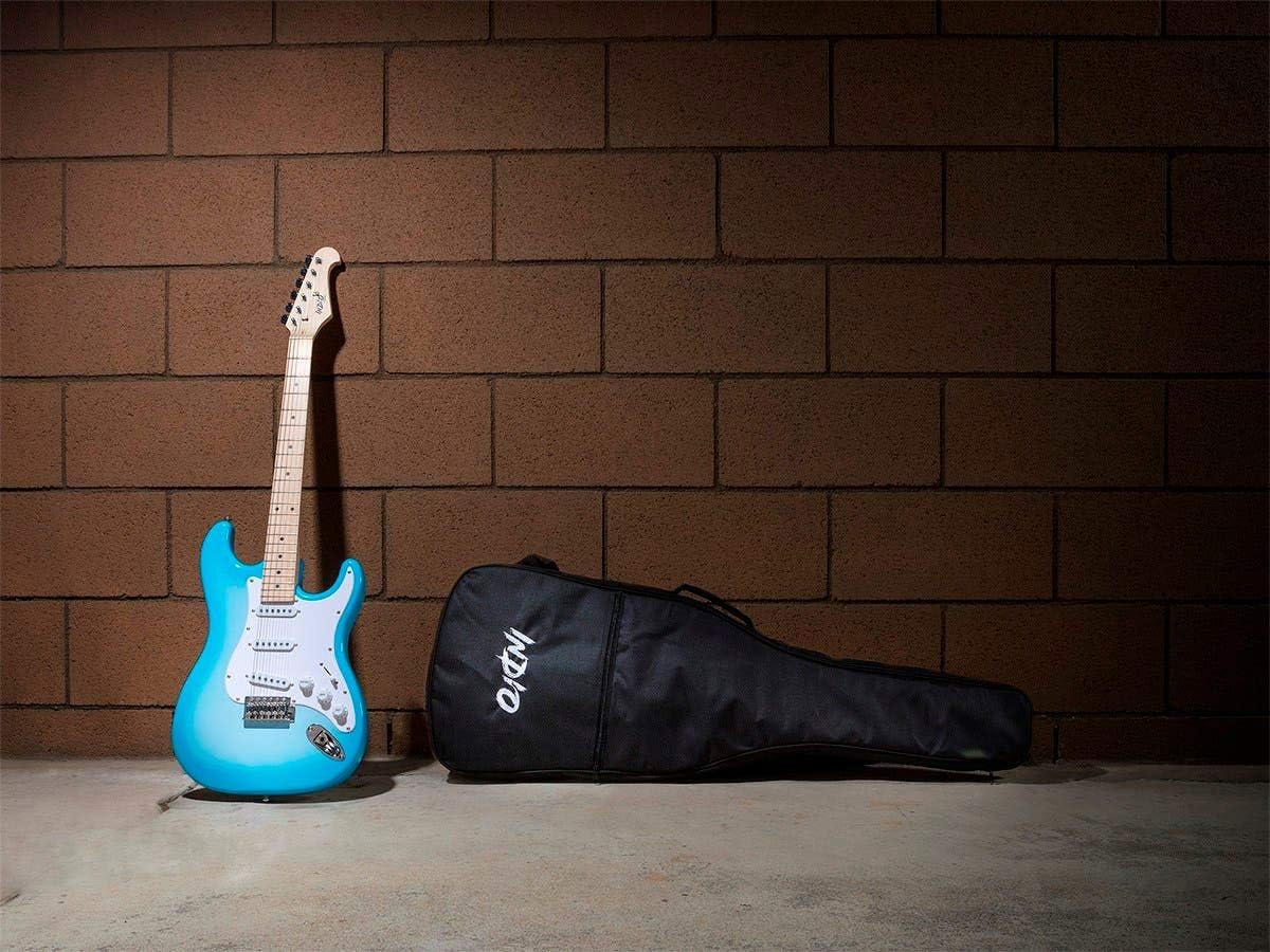 Monoprice Cali Classic Electric Guitar - Blue, 6 Strings, Double-Cutaway Solid Body, Right Handed, SSS Pickups, Full-Range Tone, With Gig Bag, Perfect for Beginners - Indio Series