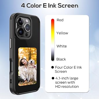 Upgraded Smart Ink Case for iPhone 16 Pro Max - 4.1 HD 4-Color E Ink Screen, NFC Custom Digital Picture Transfer, DIY Digital Photos, Durable Anti-Drop Cover, Compatible with iPhone Black